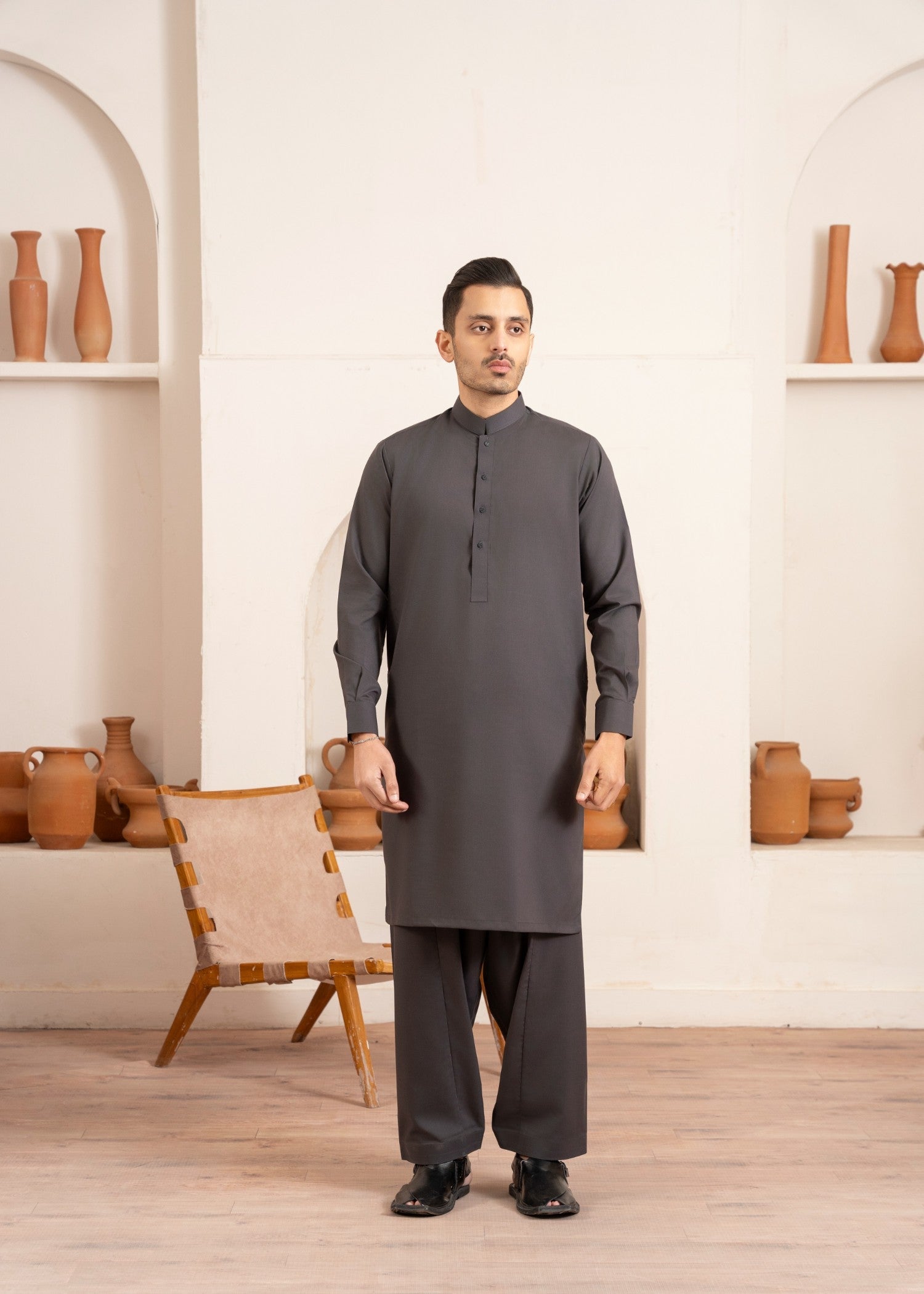 Dark Grey Wash & Wear Shalwar Kameez (2-Piece) - Image 1