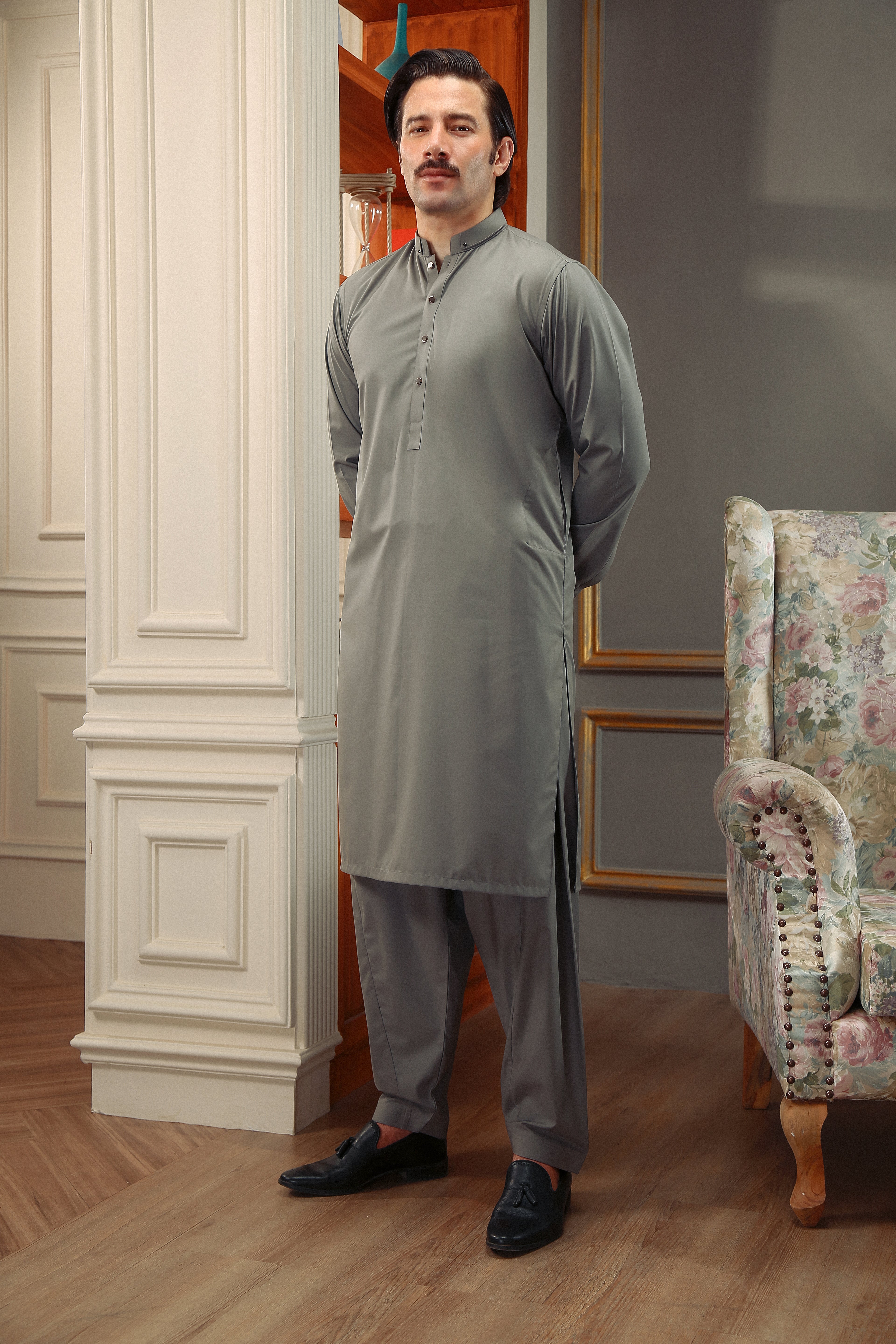 Light Grey Metal Accent Wash & Wear Shalwar Kameez (2-Piece) - Image 1