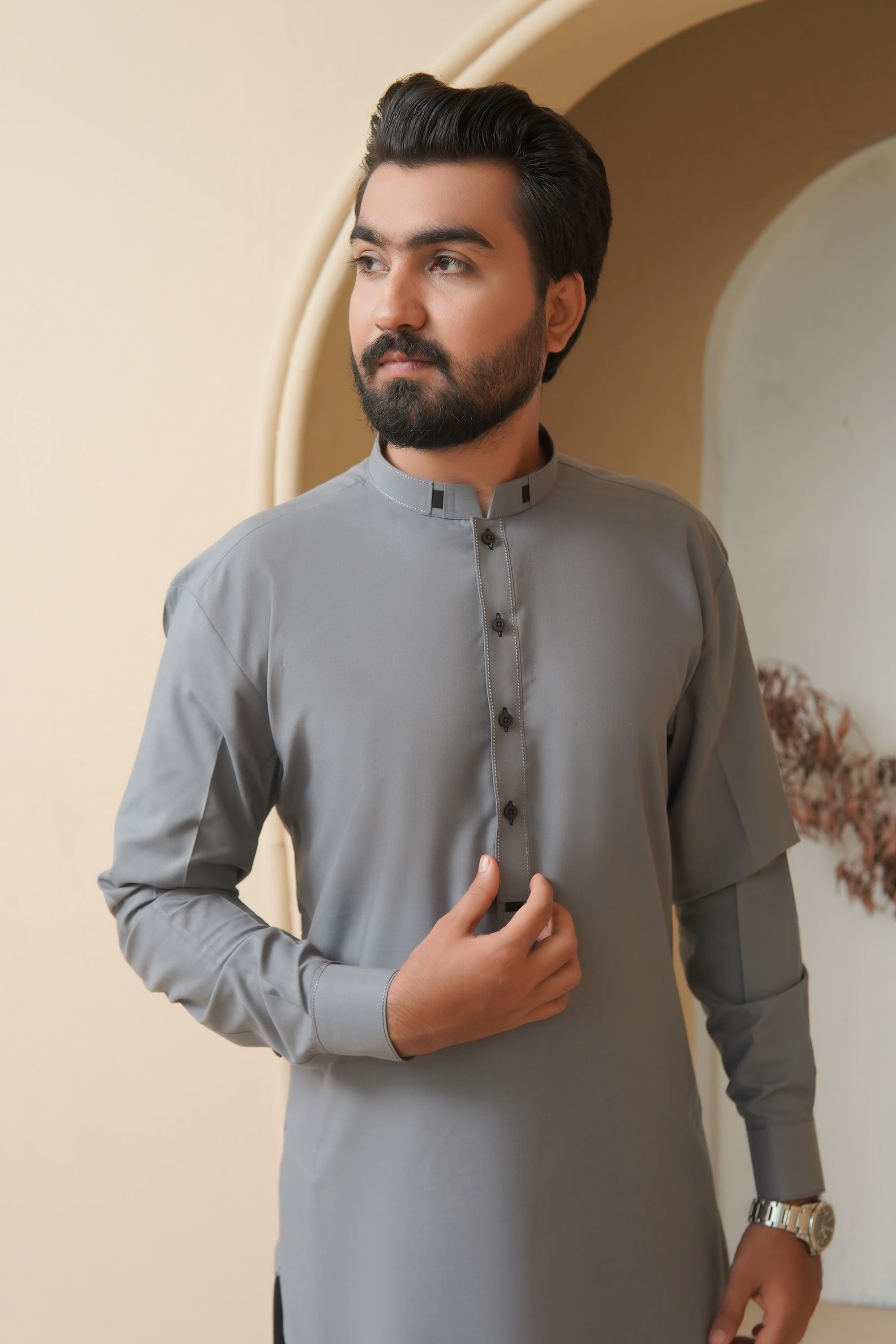Stone Grey Contrast Stitch Wash & Wear Shalwar Kameez (2-Piece) - Image 1