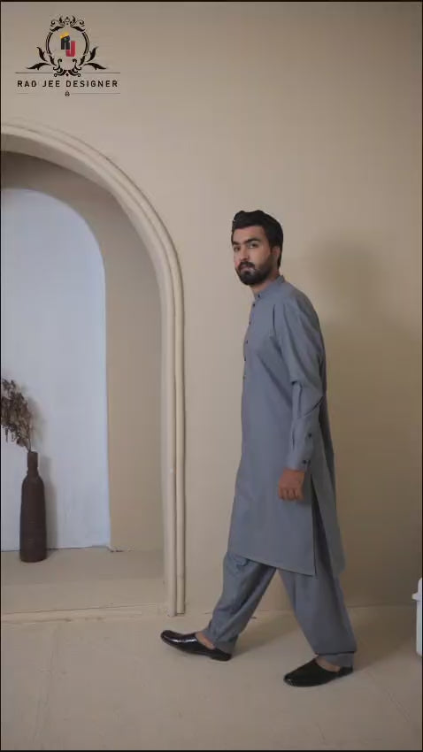 Stone Grey Contrast Stitch Wash & Wear Shalwar Kameez (2-Piece) - Image 2