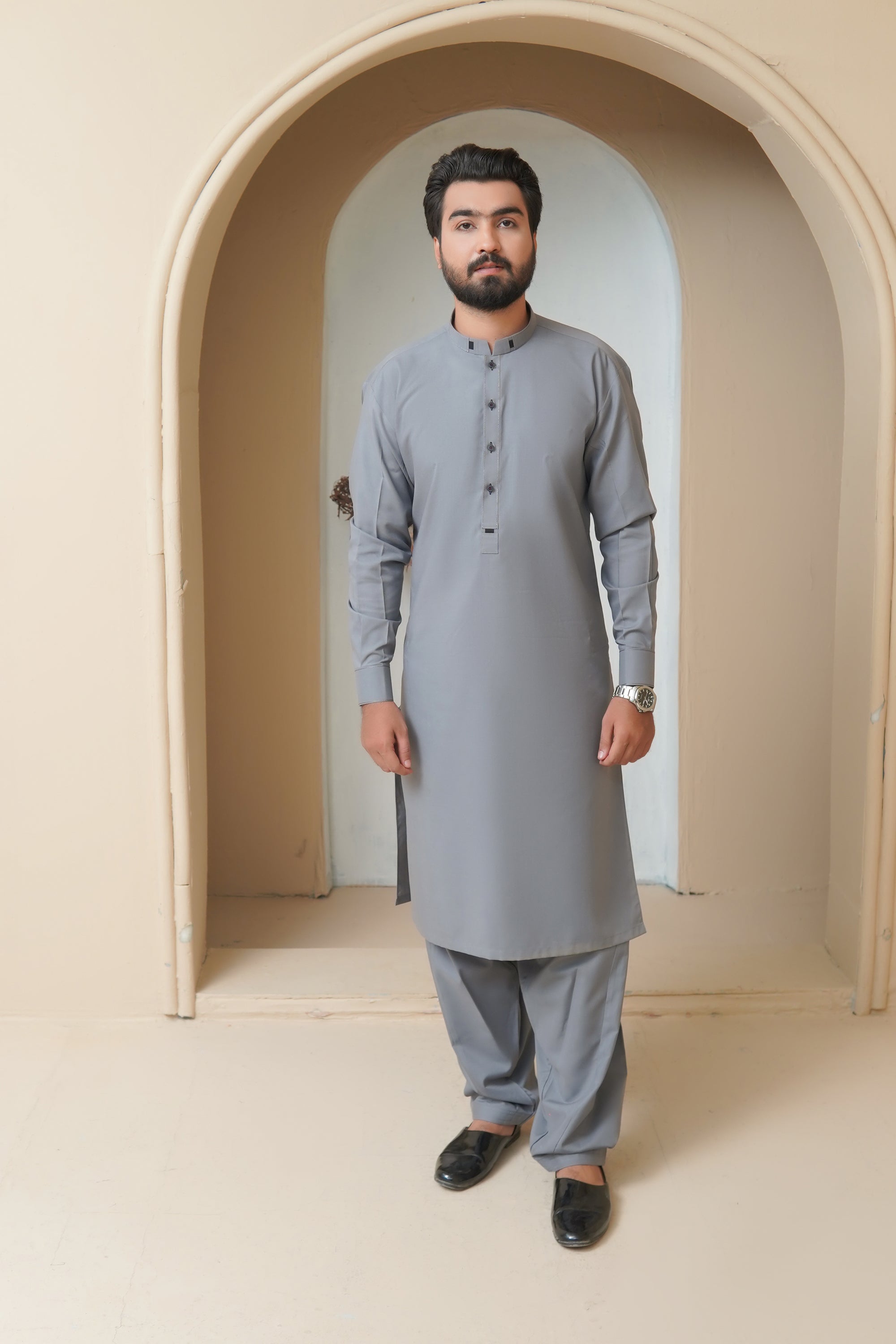 Stone Grey Contrast Stitch Wash & Wear Shalwar Kameez (2-Piece) - Image 3