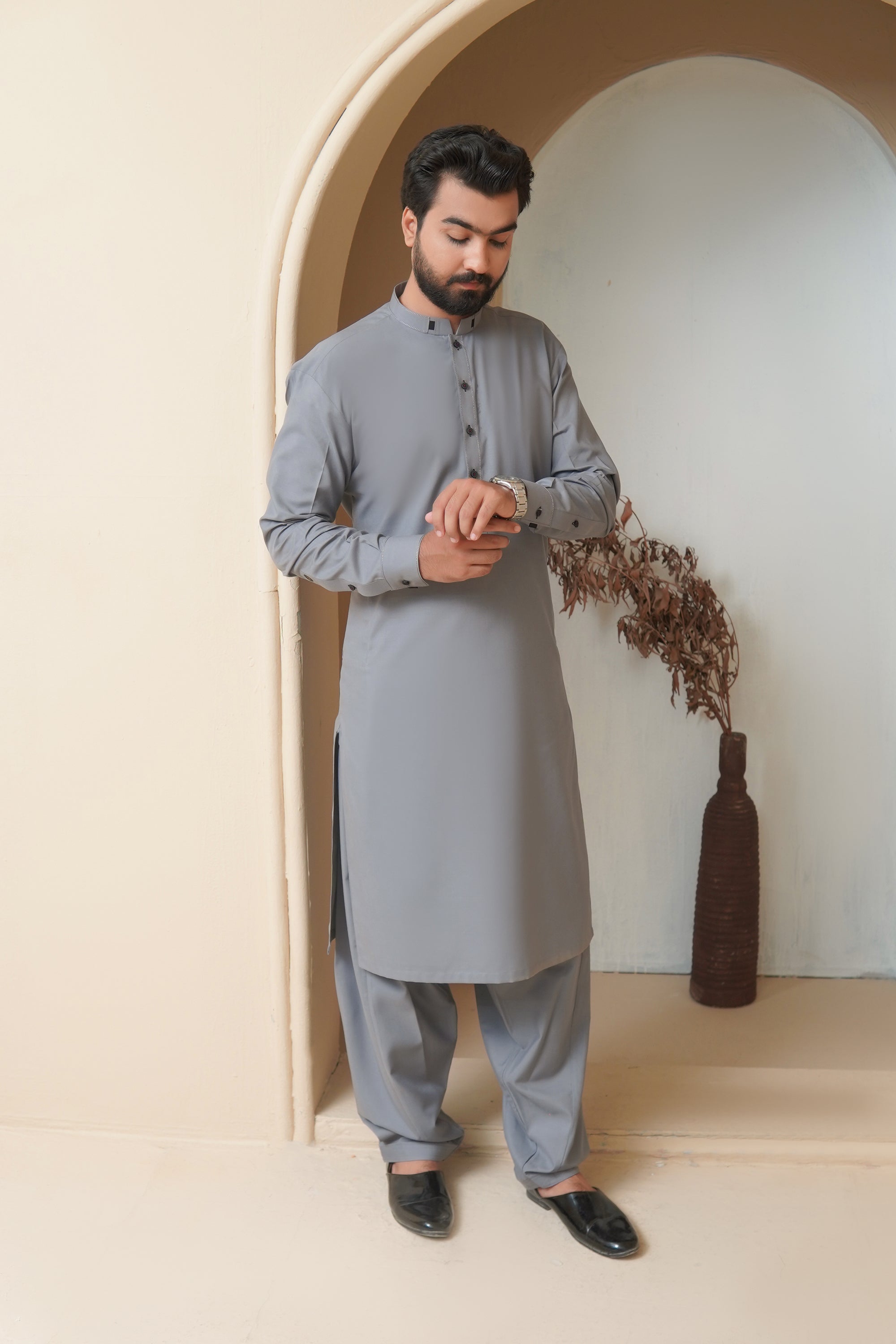 Stone Grey Contrast Stitch Wash & Wear Shalwar Kameez (2-Piece) - Image 4