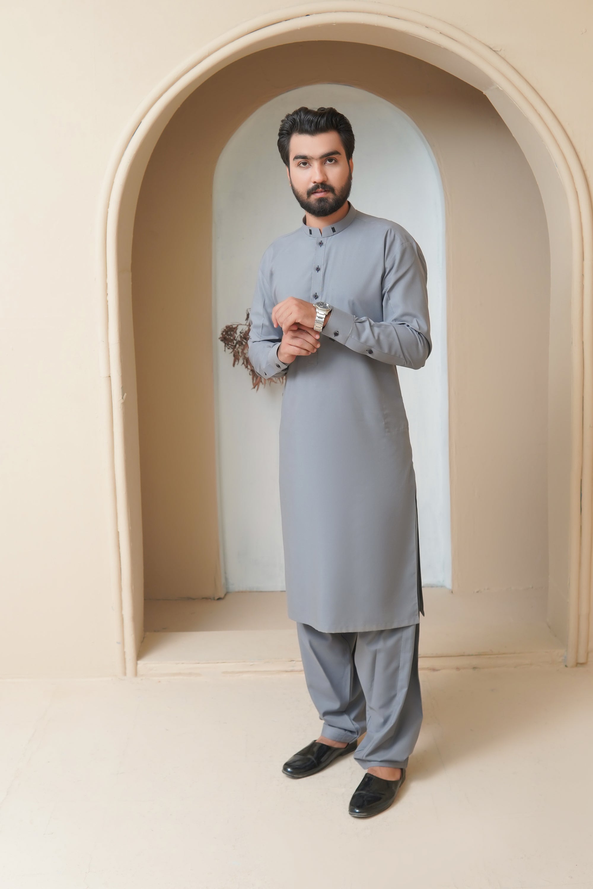 Stone Grey Contrast Stitch Wash & Wear Shalwar Kameez (2-Piece) - Image 5