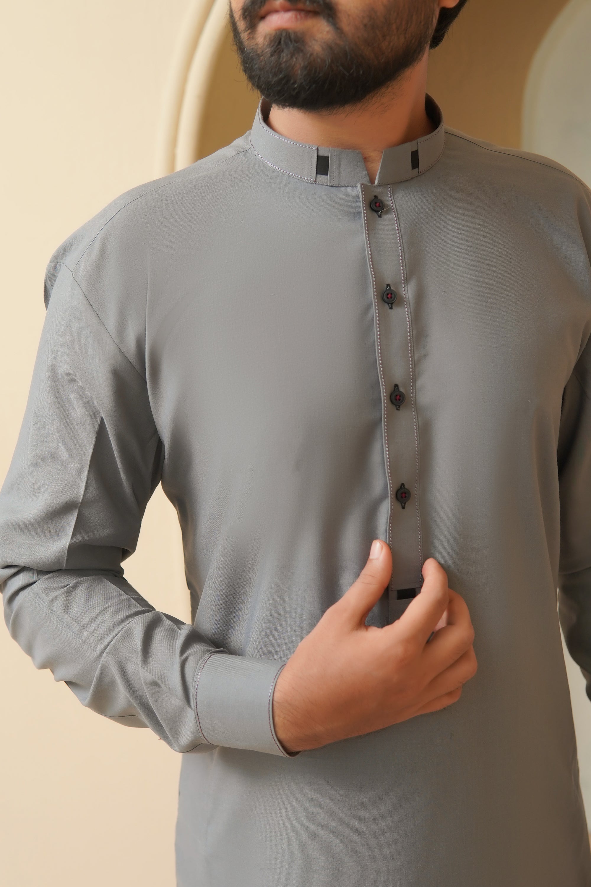 Stone Grey Contrast Stitch Wash & Wear Shalwar Kameez (2-Piece) - Image 6