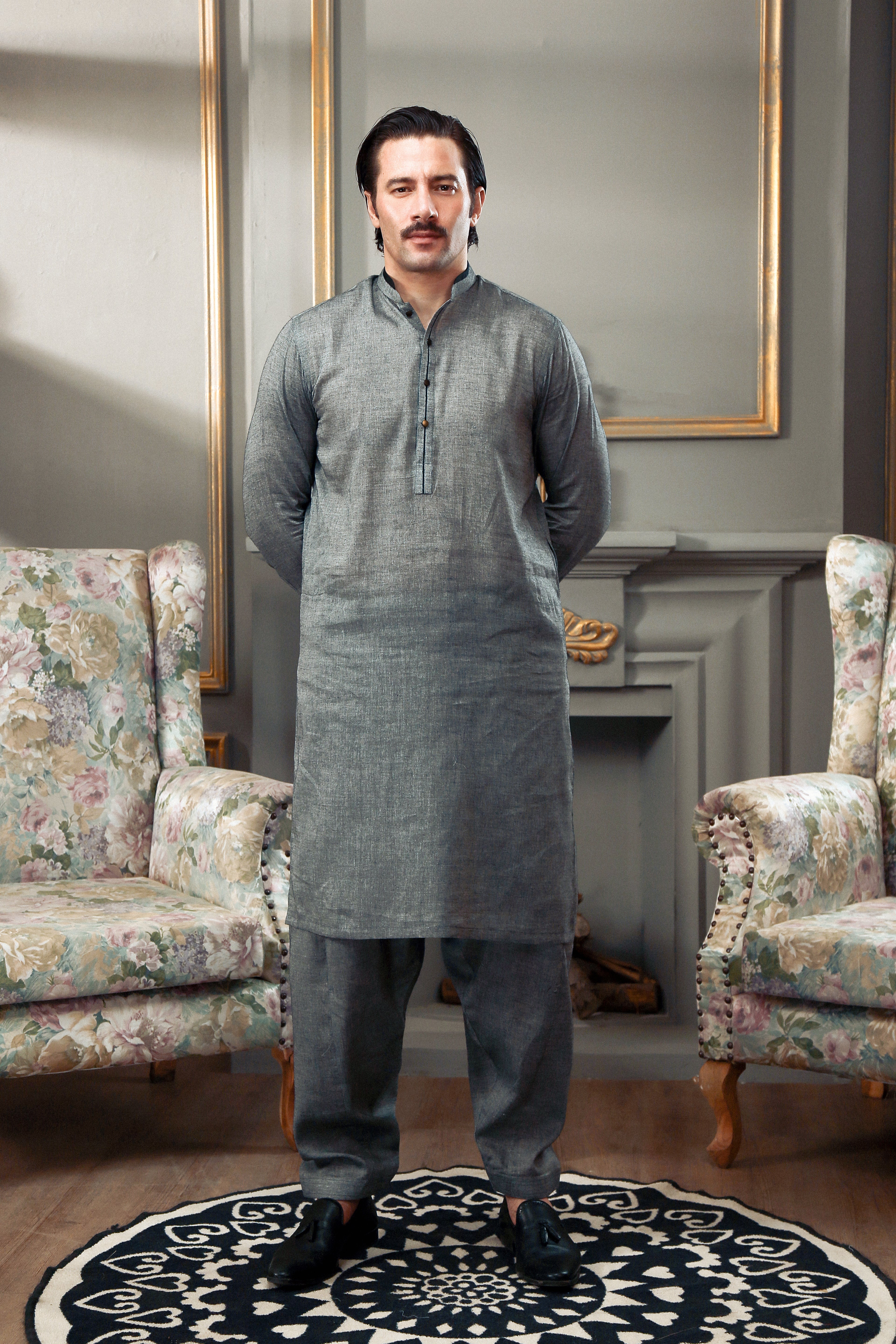 Grey Yarn-Dyed Cotton Shalwar Kameez (2-Piece) - Image 1