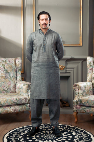 Grey Yarn-Dyed Cotton Shalwar Kameez (2-Piece) - Image 2