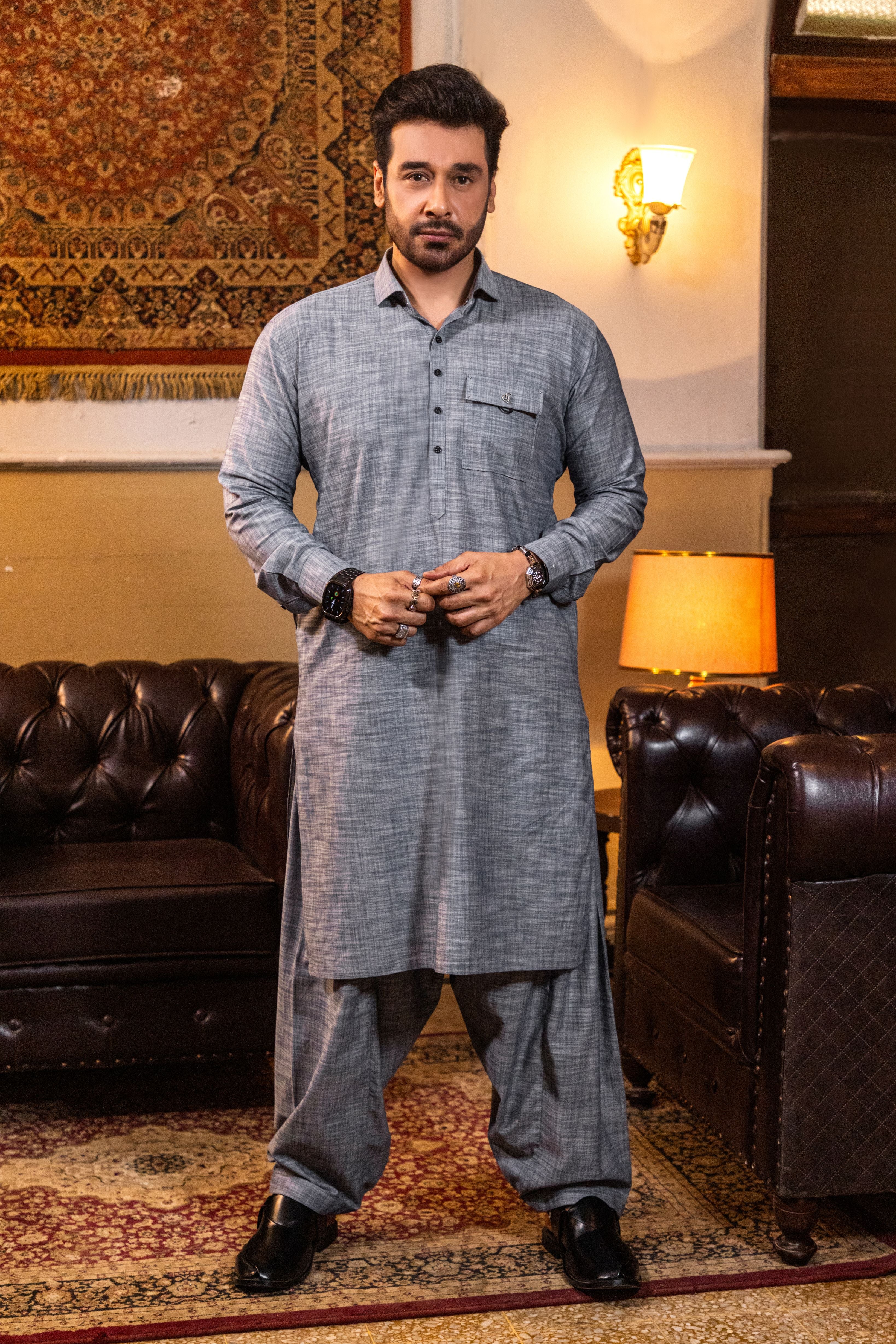 Silver Grey Tropical Linen Shalwar Kameez (2-Piece) - Image 1