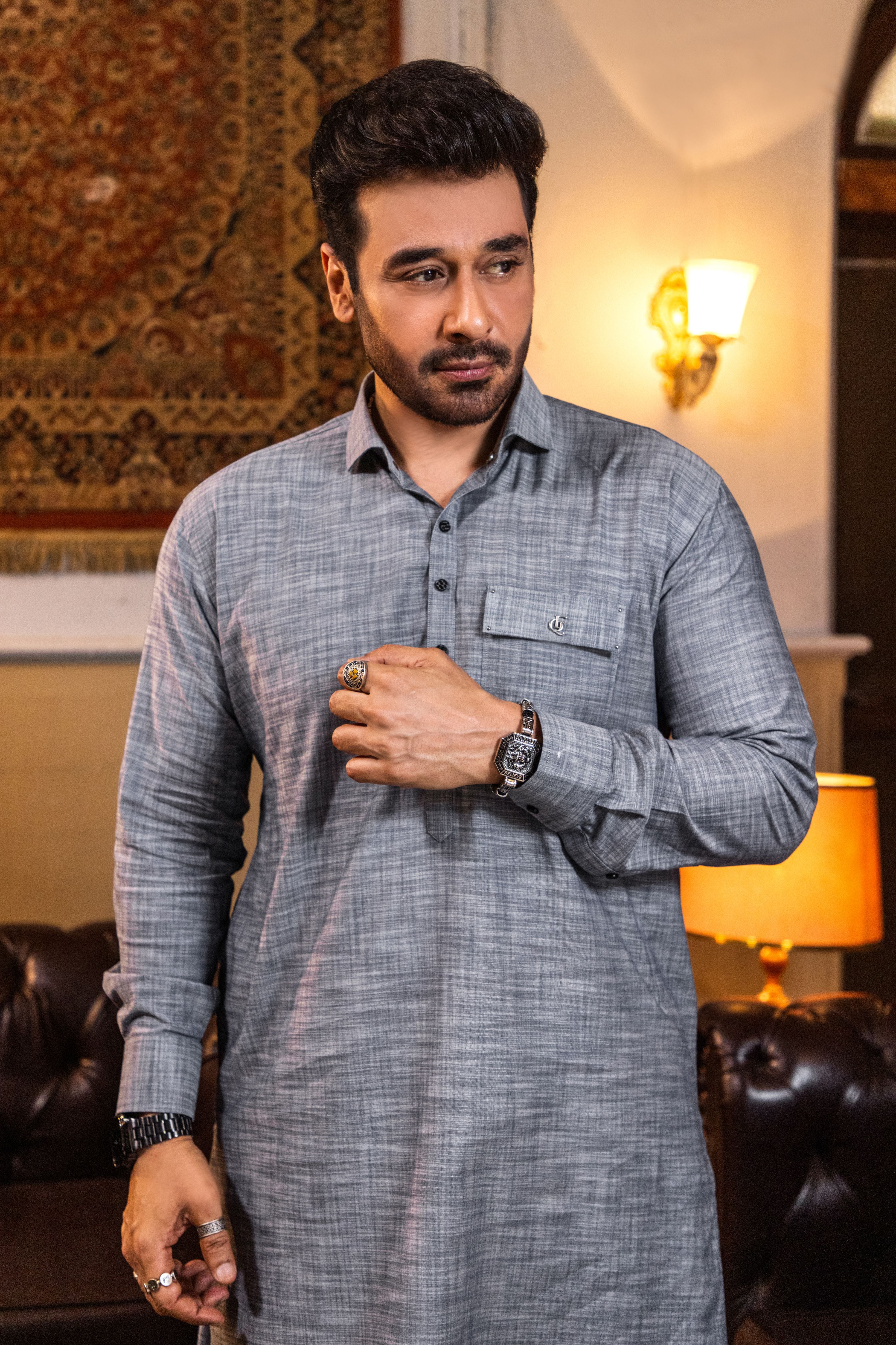 Silver Grey Tropical Linen Shalwar Kameez (2-Piece) - Image 2