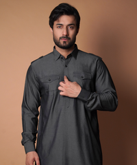 Grey Cotton-Lycra Pathani Suit (2-Piece) - Image 2