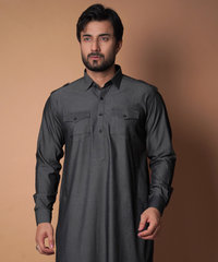 Grey Cotton-Lycra Pathani Suit (2-Piece) - Image 3