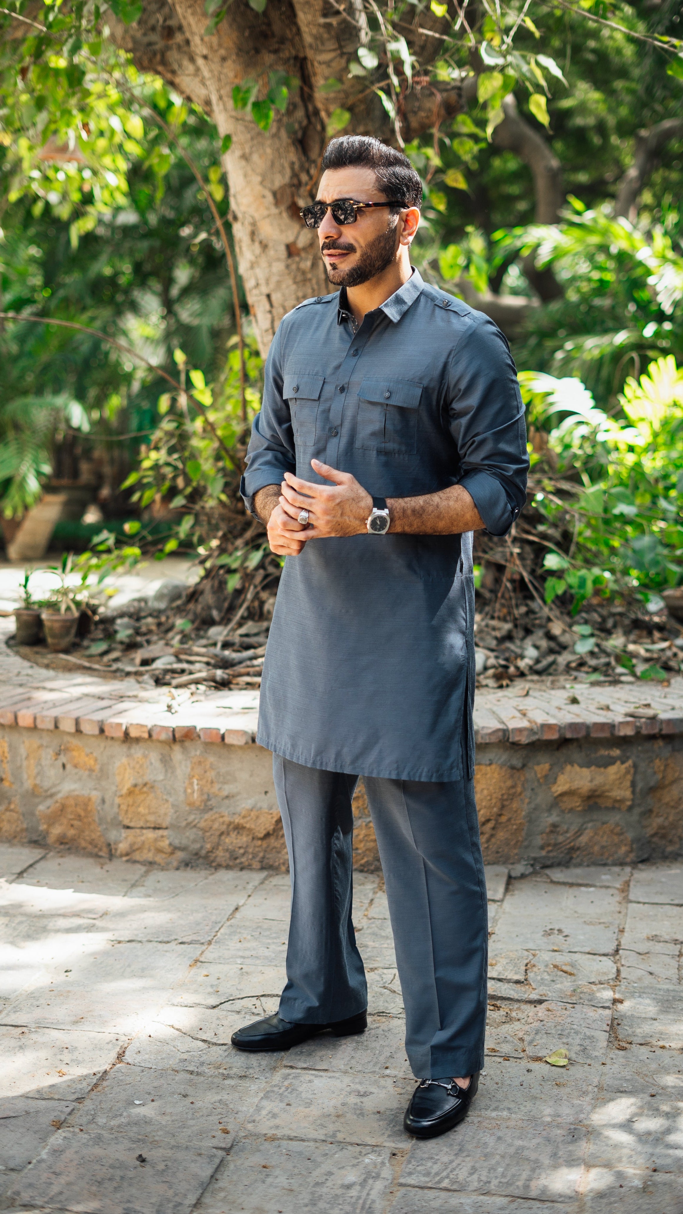 Ocean Grey Cotton Silk Pathani Suit (2-Piece) - Image 2