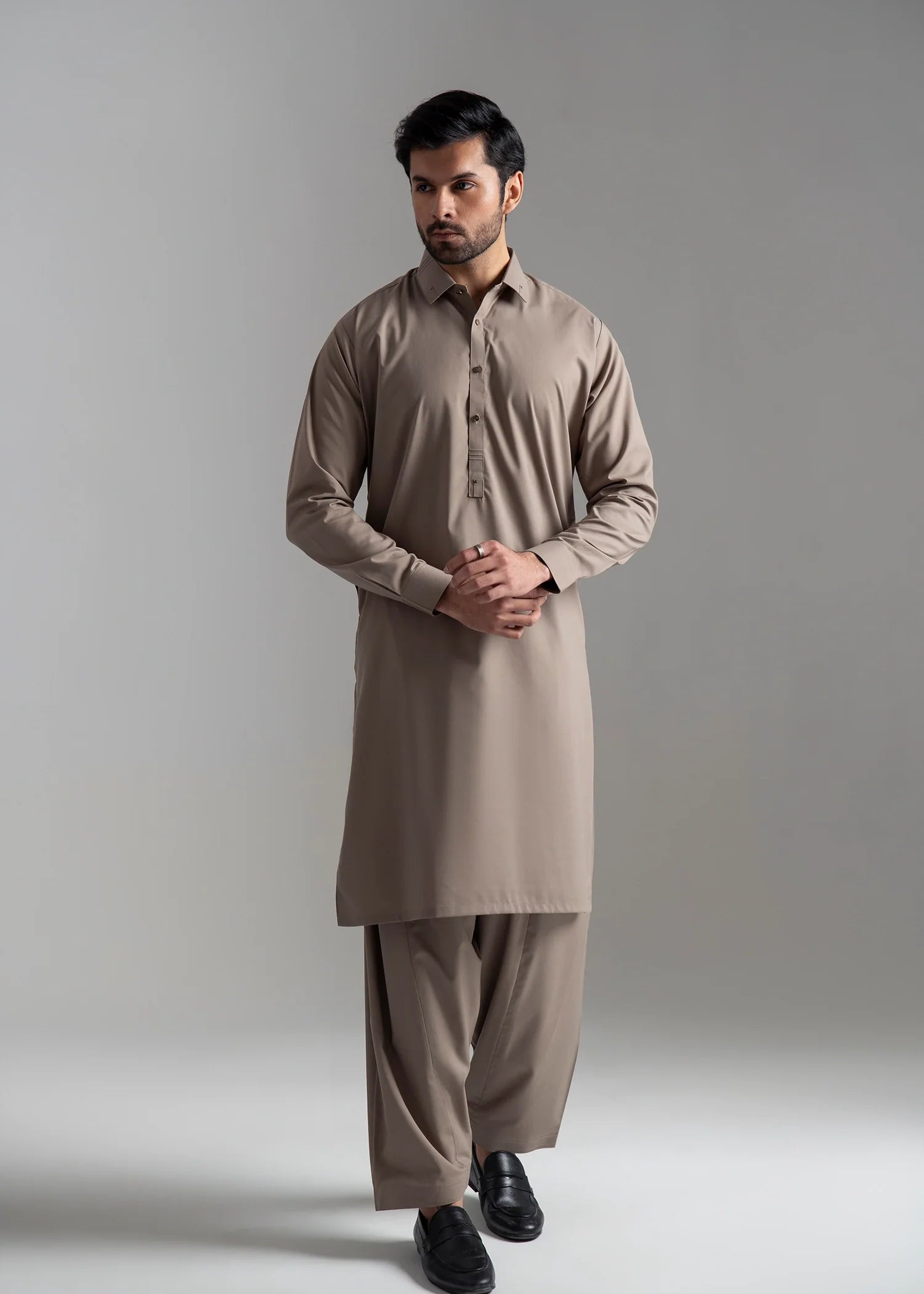 Stone Grey Wash & Wear Pathani Suit (2-Piece) - Image 1