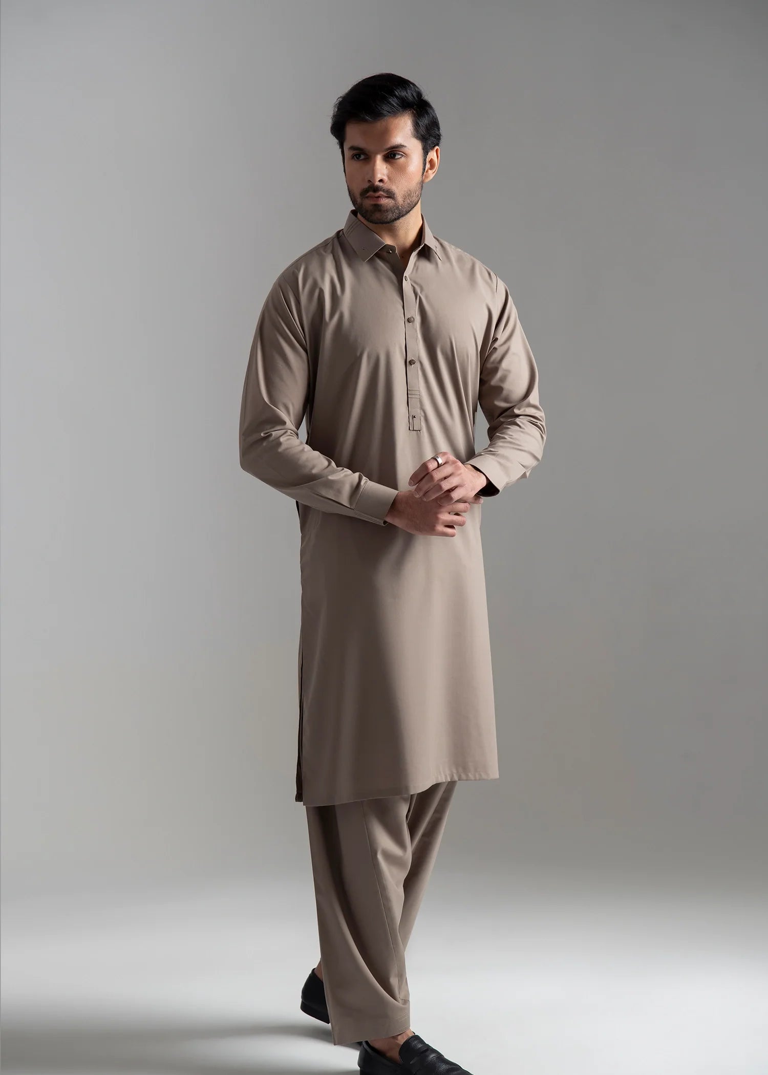 Stone Grey Wash & Wear Pathani Suit (2-Piece) - Image 3