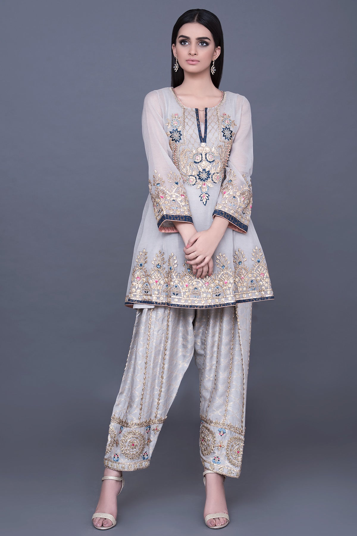Grey Gota Resham Cotton Net Peplum (2-Piece) - Image 1