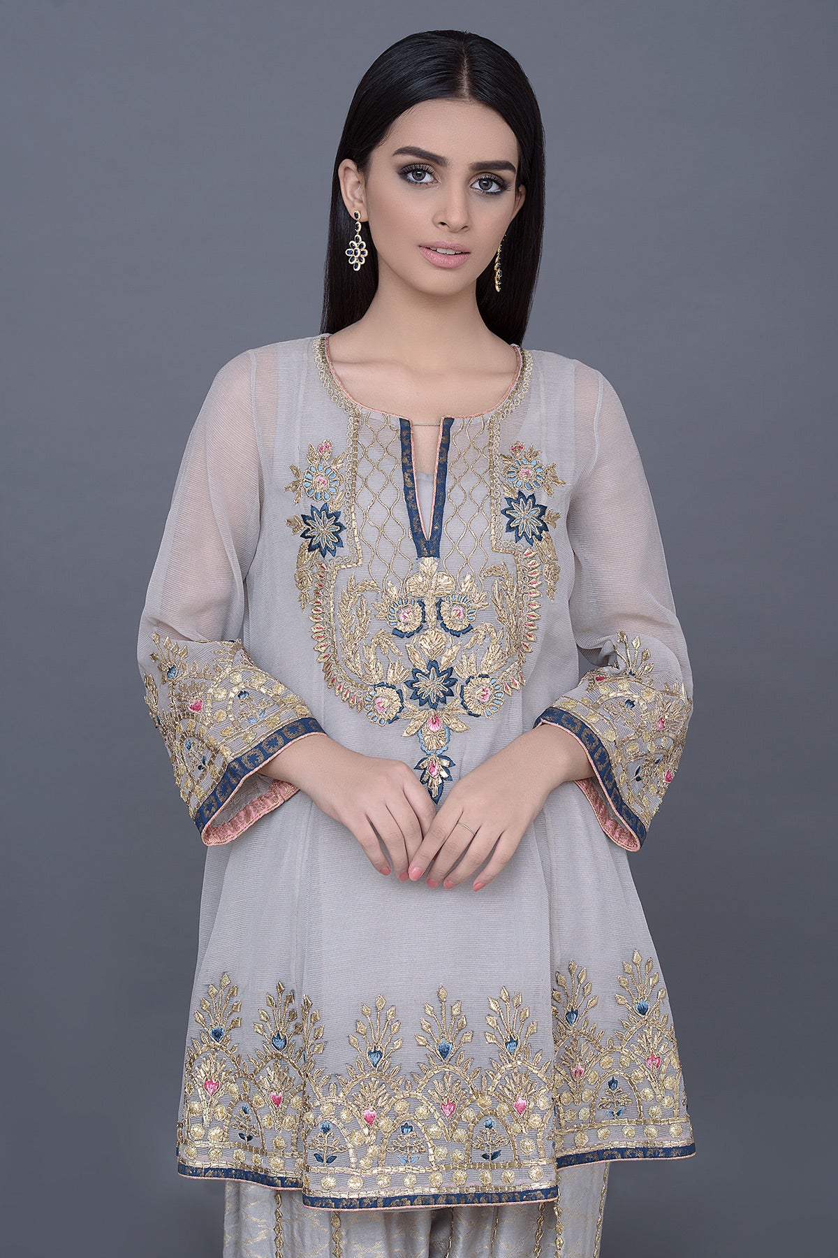 Grey Gota Resham Cotton Net Peplum (2-Piece) - Image 2