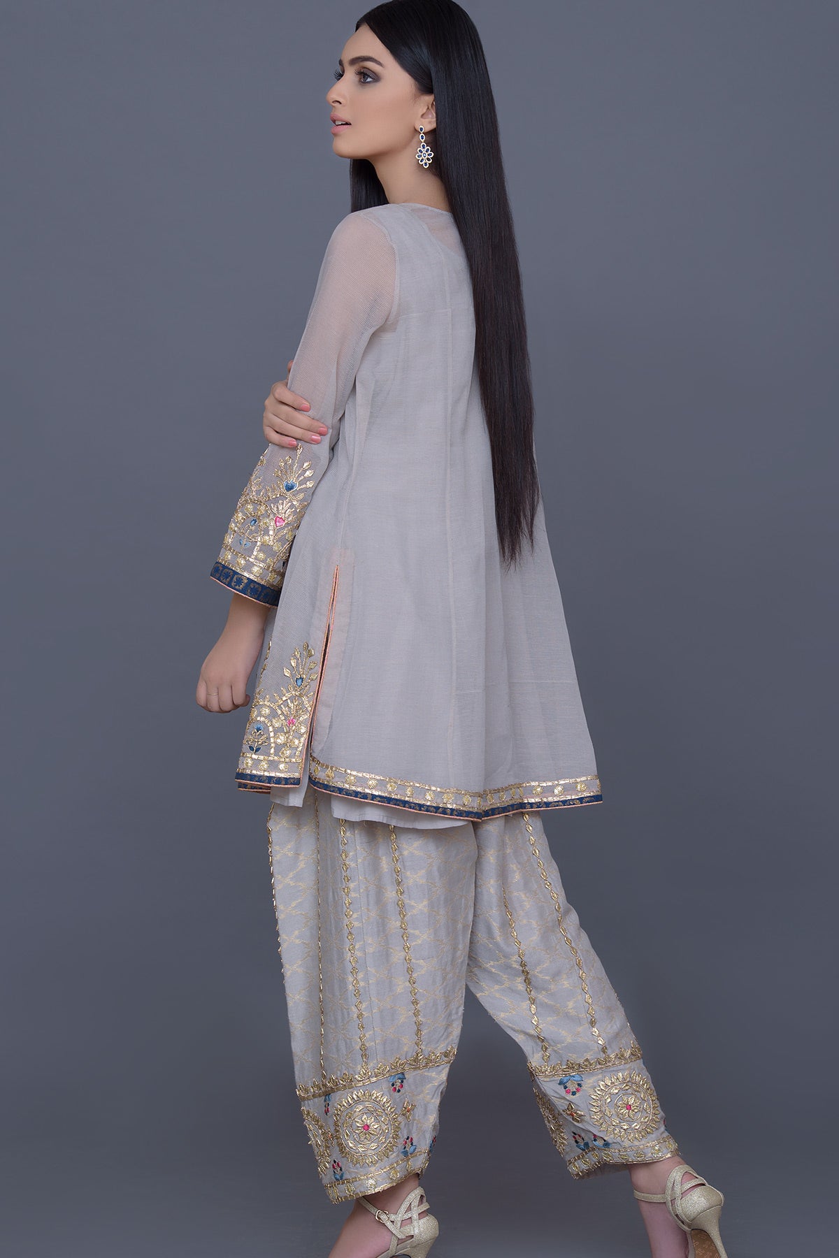 Grey Gota Resham Cotton Net Peplum (2-Piece) - Image 3