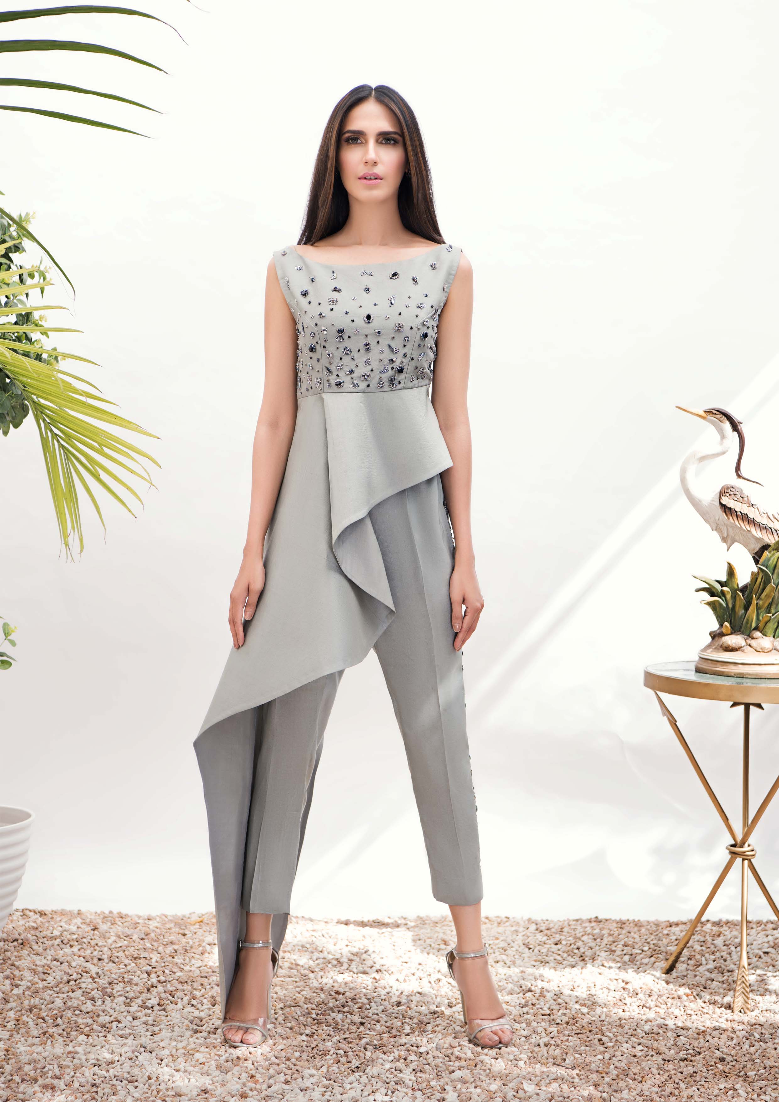 Soft Grey Embellished Raw Silk Peplum Set (2-Piece) - Image 3