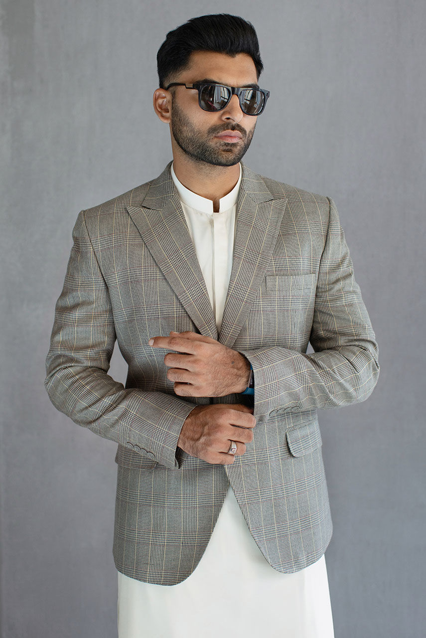 Grey Houndstooth Suiting Fabric Prince Coat (1-Pc) - Image 2