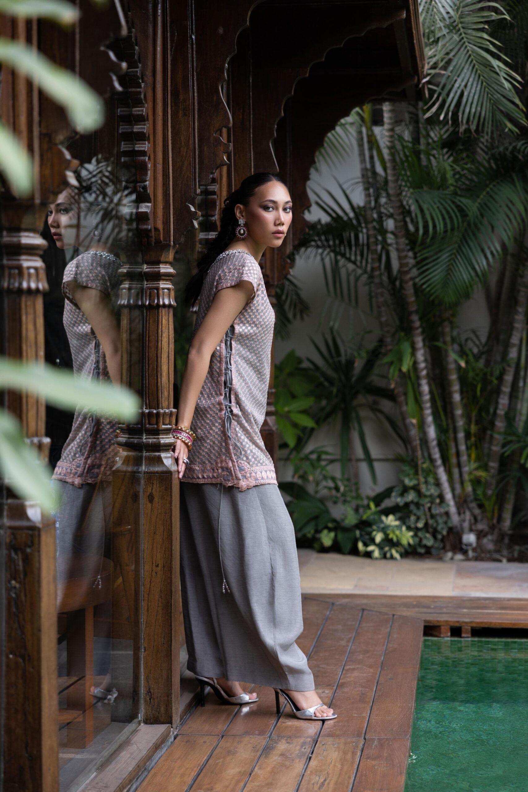 Pakistani Grey Dorri Embroidered Chiffon Kurta with Palazzo (2-Piece) - Image 6