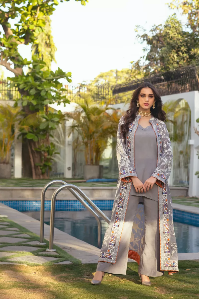 Pakistani Grey Embroidered Chiffon & Raw Silk Long Coat (3-Piece) - Image 1