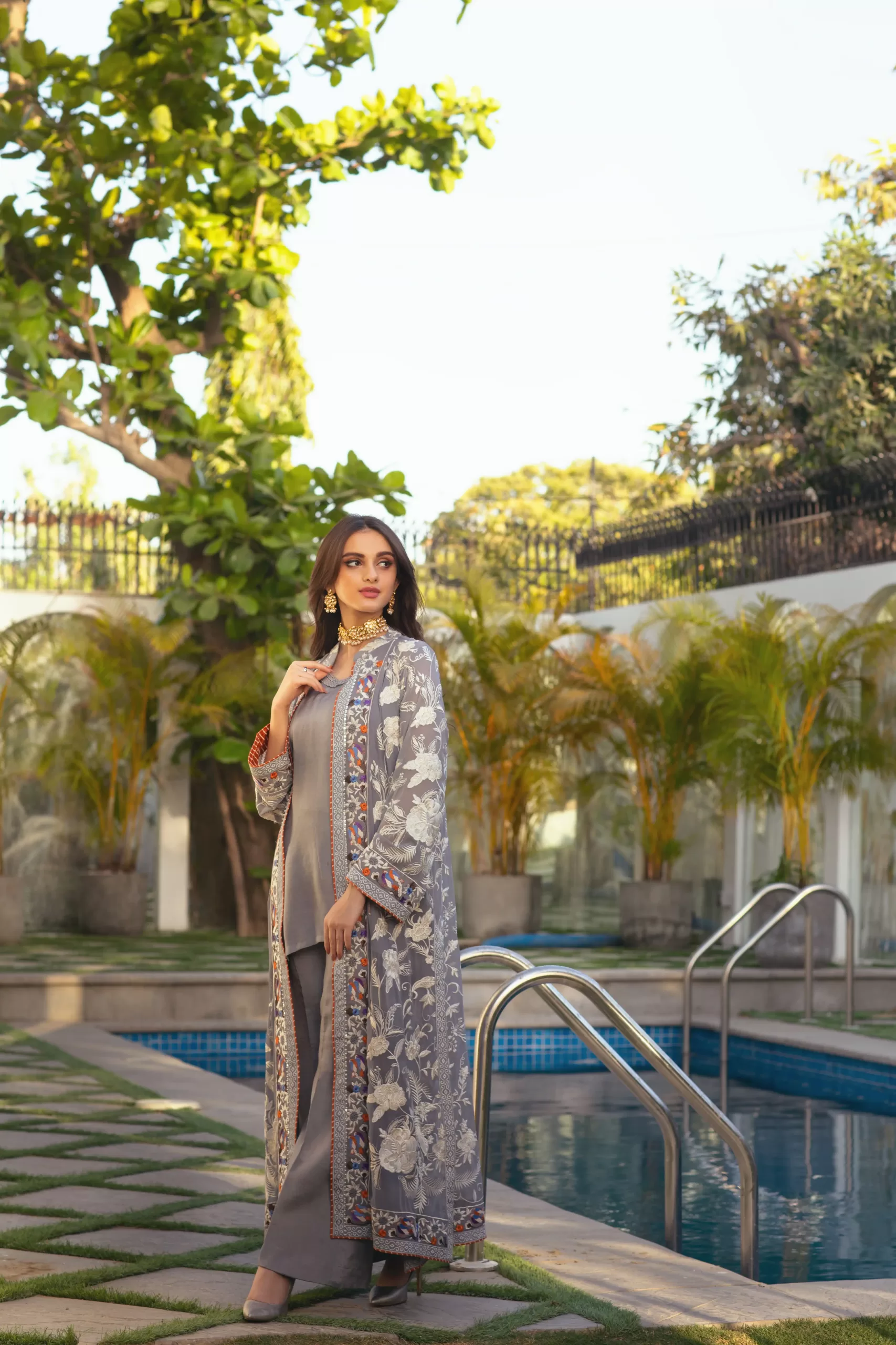 Pakistani Grey Embroidered Chiffon & Raw Silk Long Coat (3-Piece) - Image 3