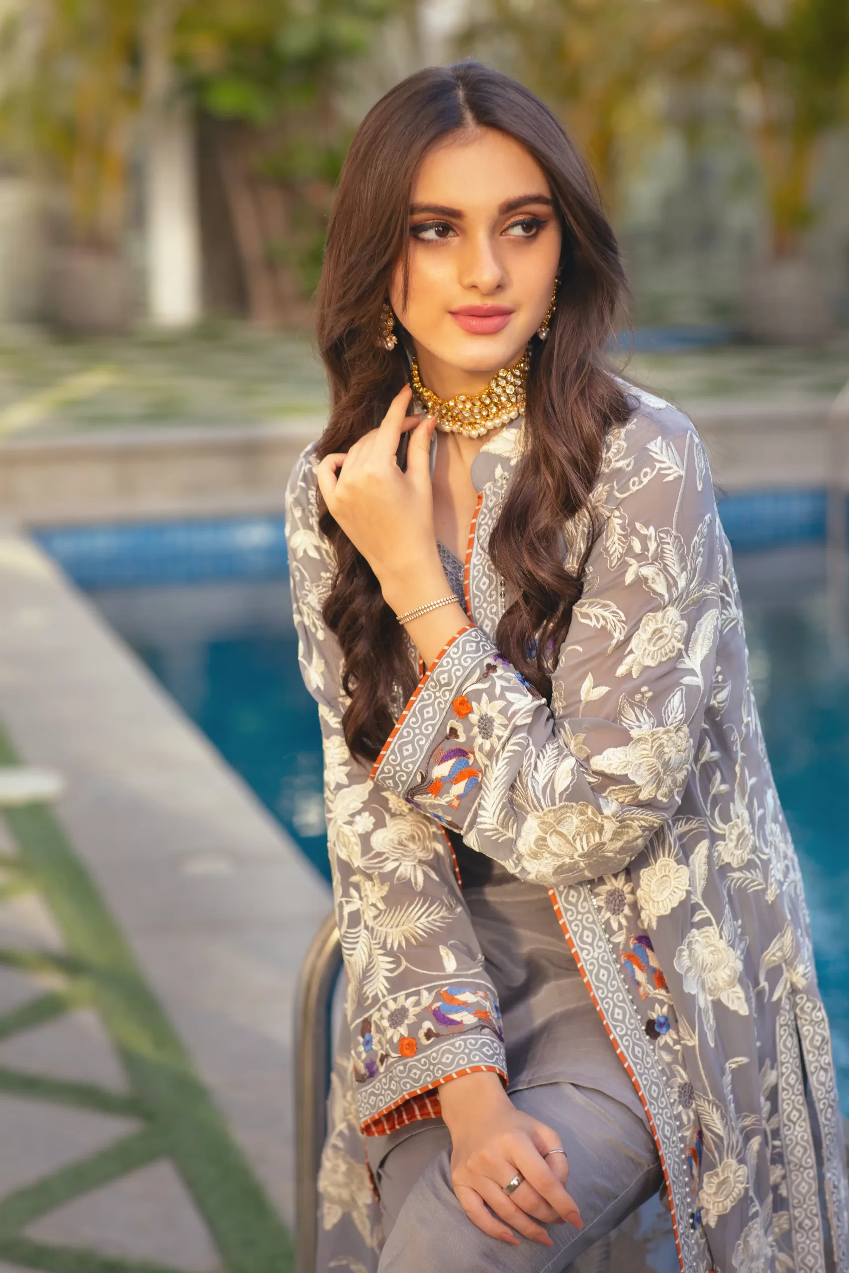 Pakistani Grey Embroidered Chiffon & Raw Silk Long Coat (3-Piece) - Image 4