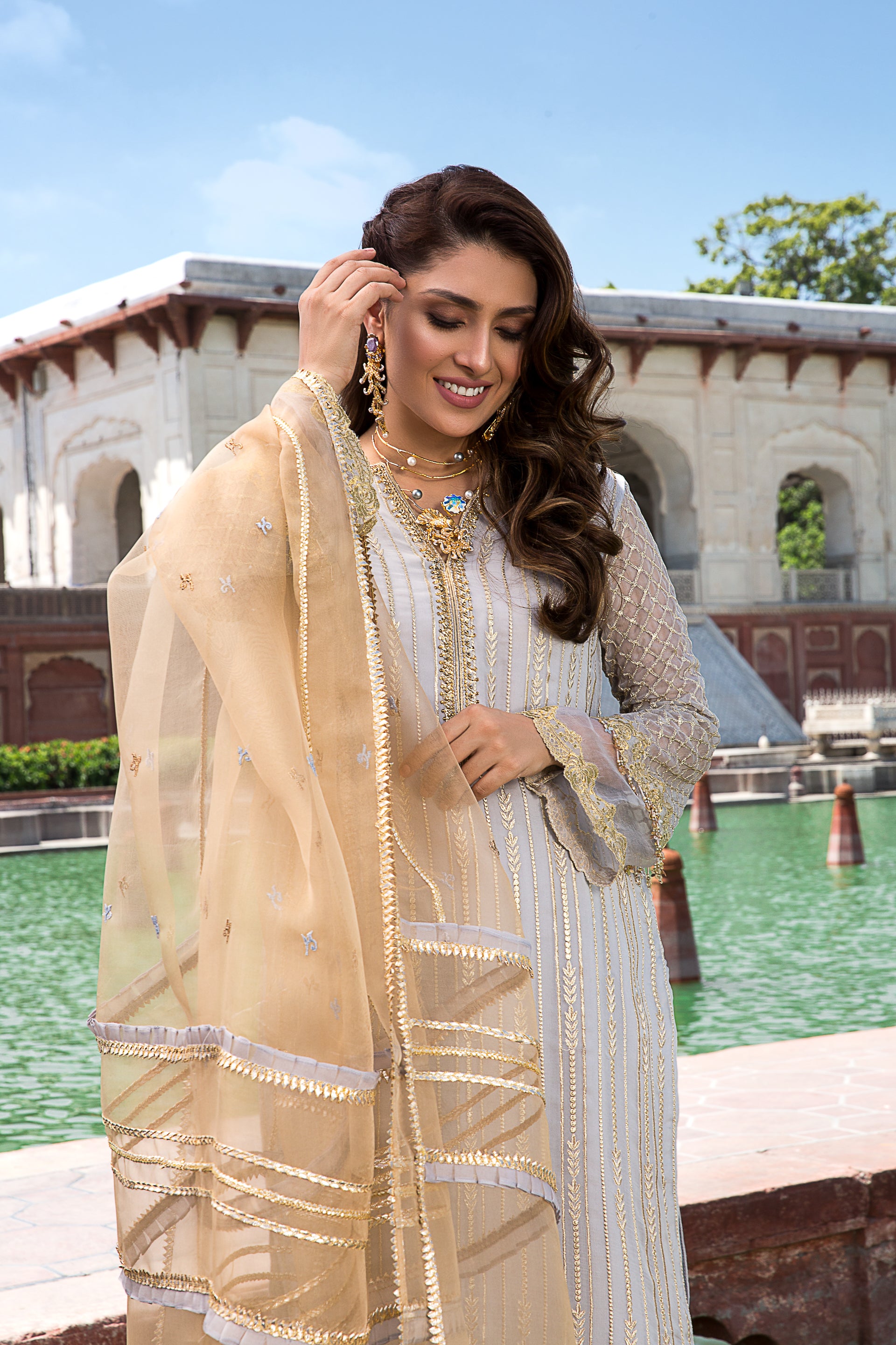 Cloudy Grey Embroidered Chiffon & Organza Straight Suit (3-Piece) - Image 3