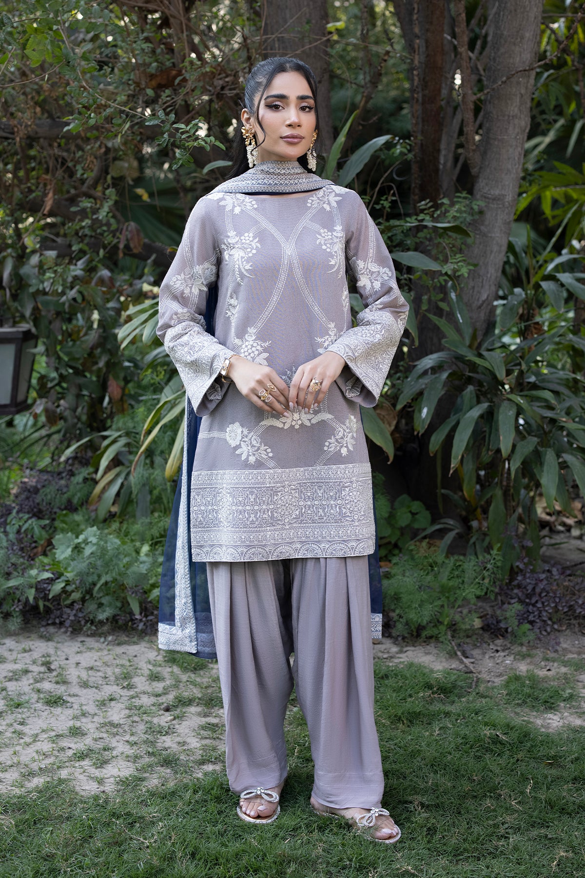 Pakistani Mouse Grey Embroidered Cotton Karandi Salwar Kameez (3-Piece) - Image 1