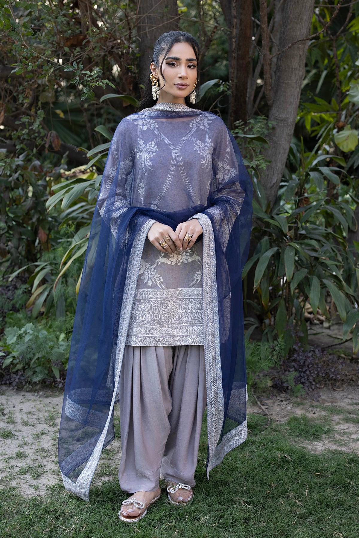 Pakistani Mouse Grey Embroidered Cotton Karandi Salwar Kameez (3-Piece) - Image 4