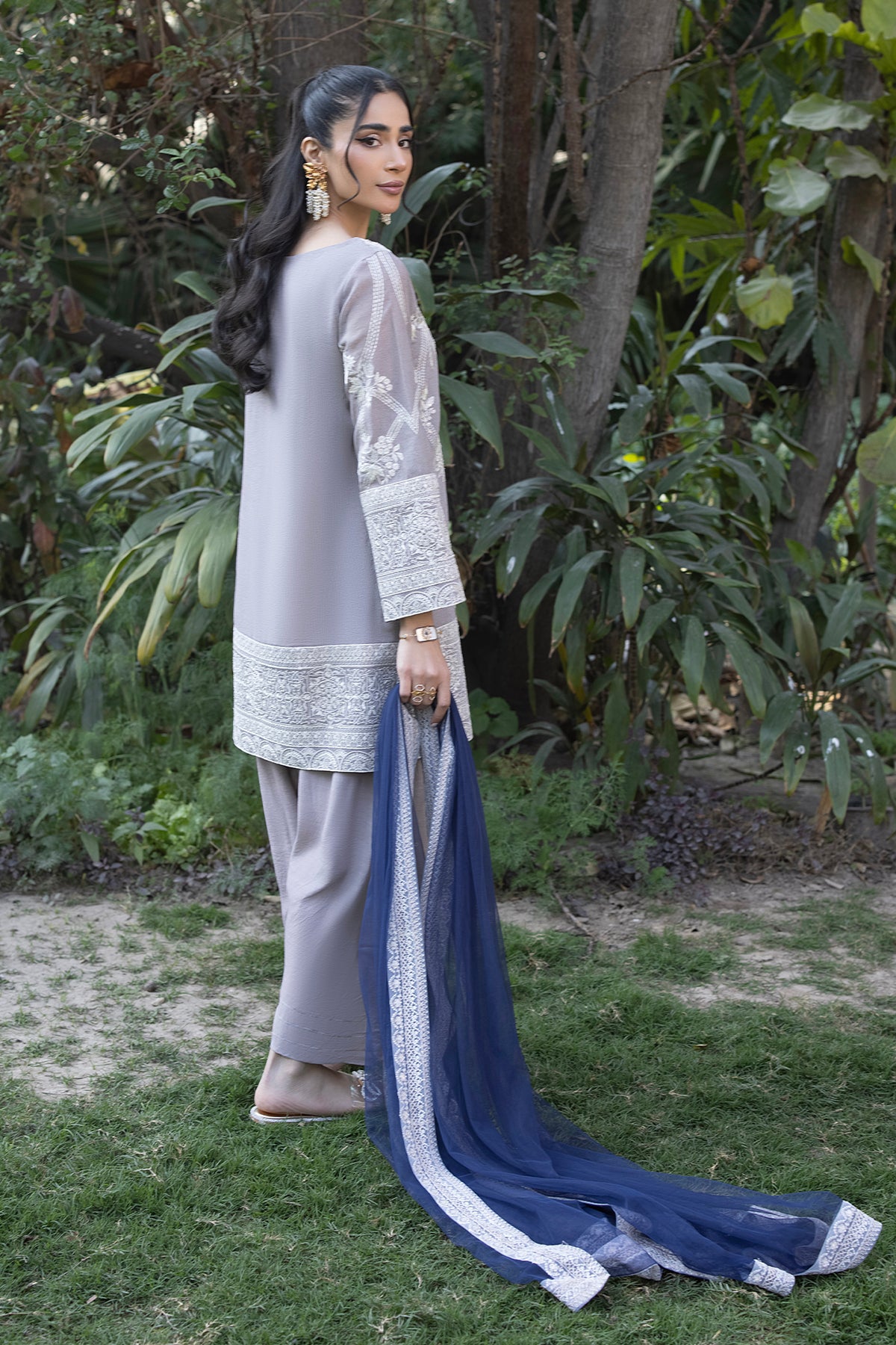 Pakistani Mouse Grey Embroidered Cotton Karandi Salwar Kameez (3-Piece) - Image 2