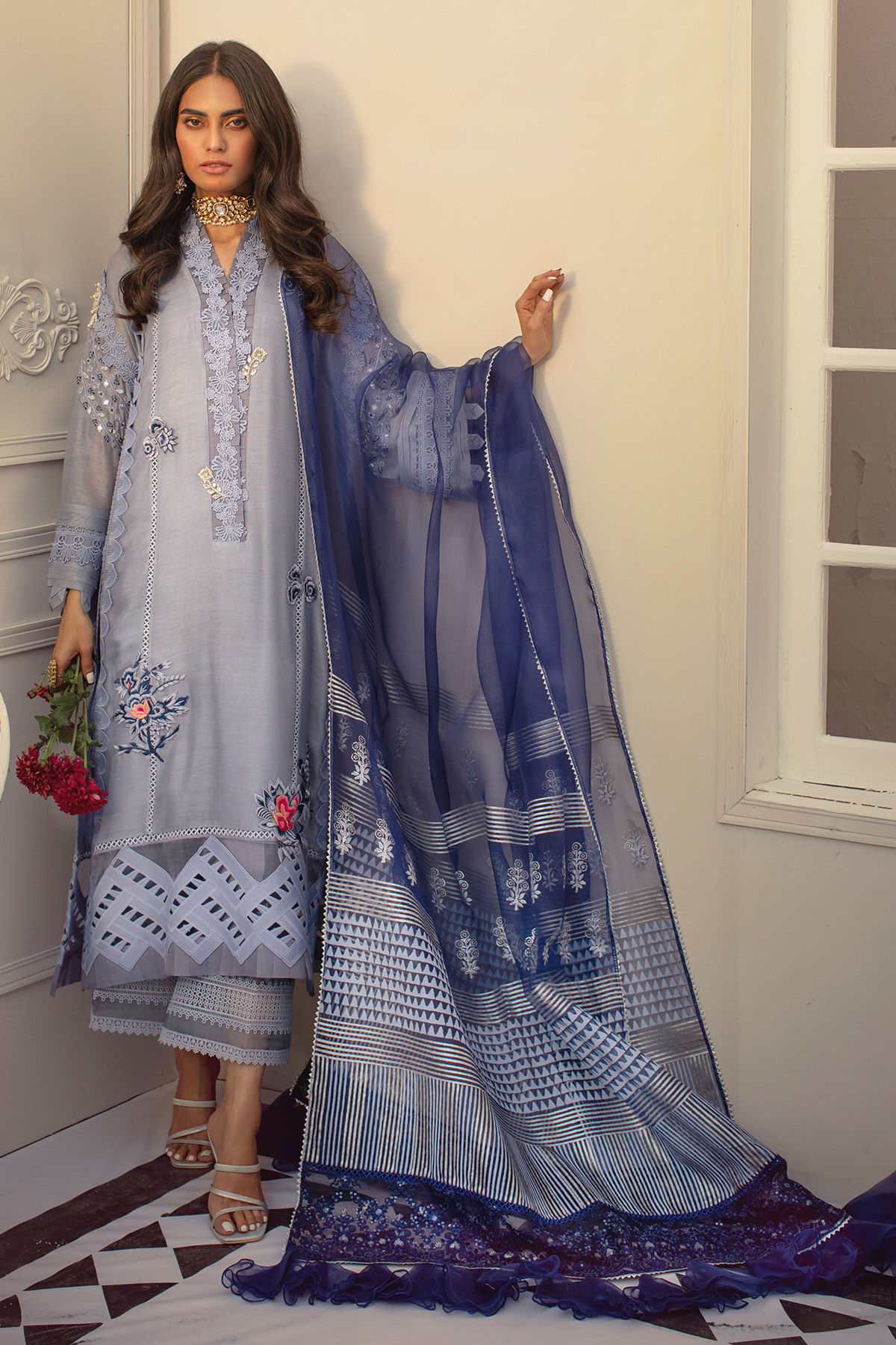 Graphite Embroidered Cotton Net Salwar Kameez (3-Piece) - Image 1