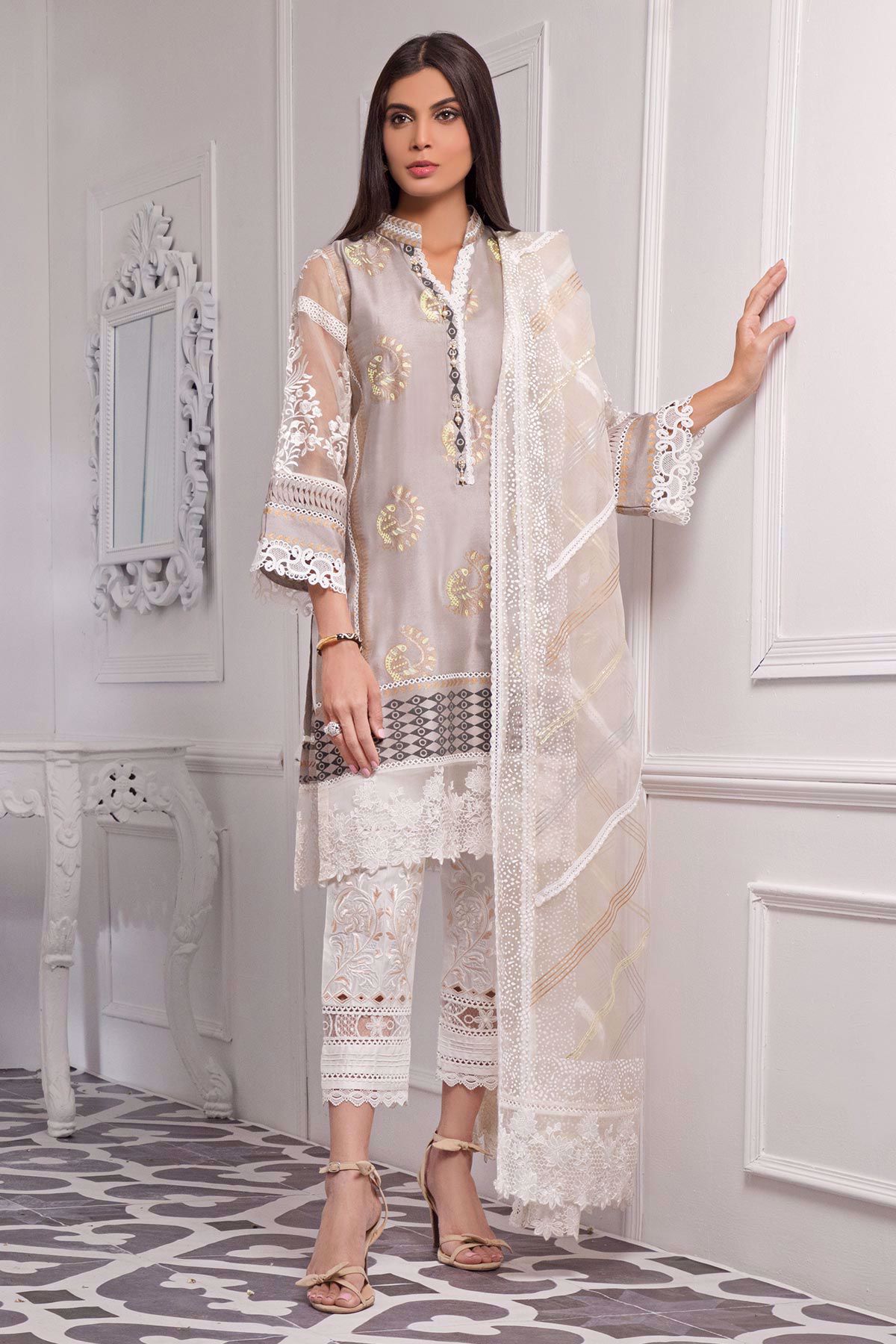 Pakistani Misty Grey Hand Block Printed Cotton Net Salwar Kameez (3-Piece) - Image 1