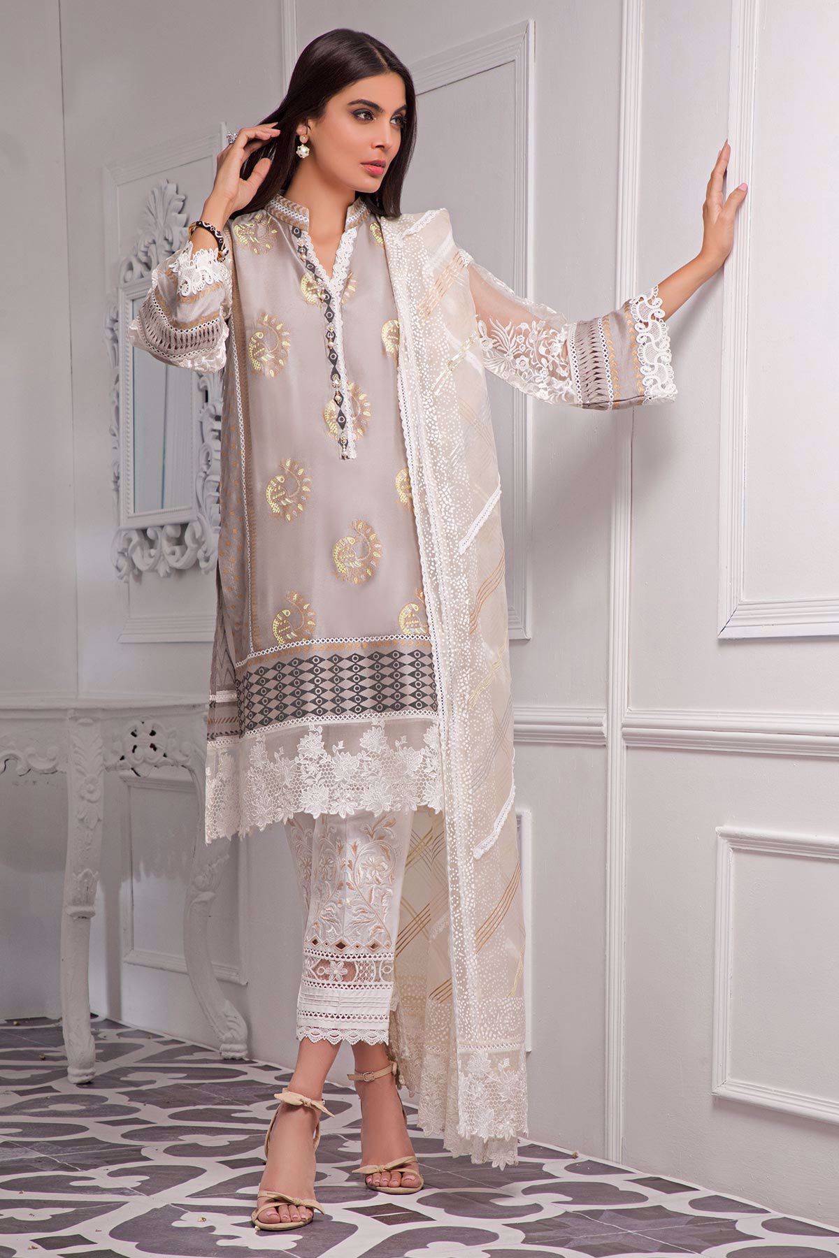 Pakistani Misty Grey Hand Block Printed Cotton Net Salwar Kameez (3-Piece) - Image 2