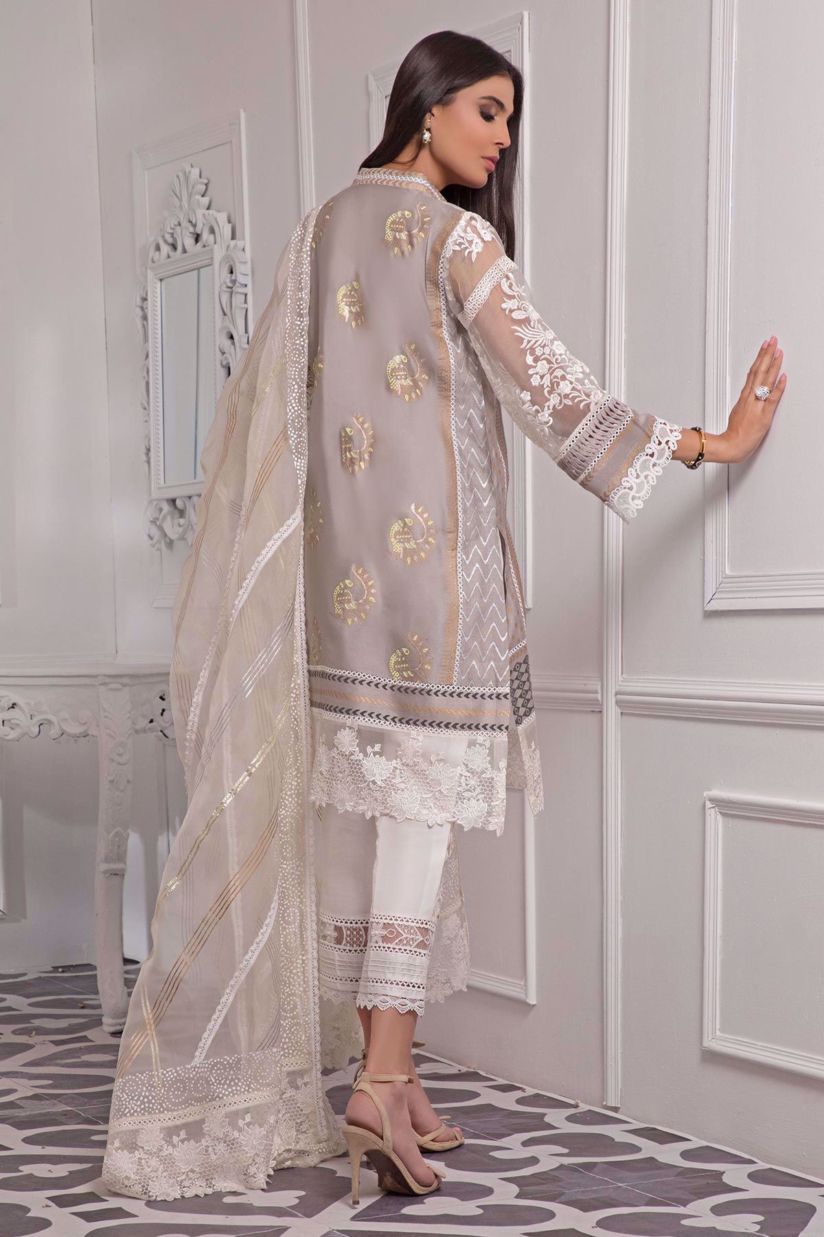 Pakistani Misty Grey Hand Block Printed Cotton Net Salwar Kameez (3-Piece) - Image 3