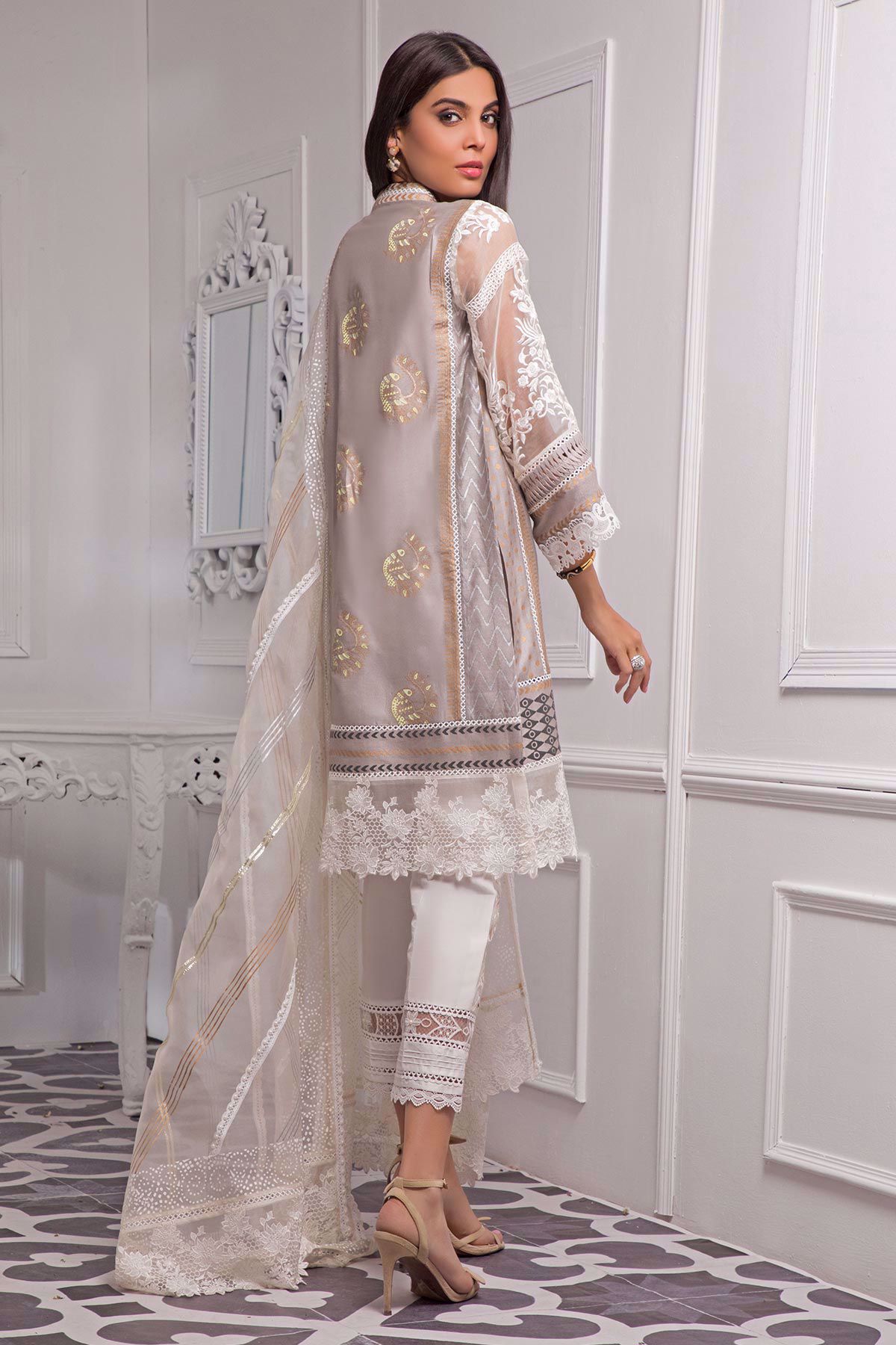 Pakistani Misty Grey Hand Block Printed Cotton Net Salwar Kameez (3-Piece) - Image 5