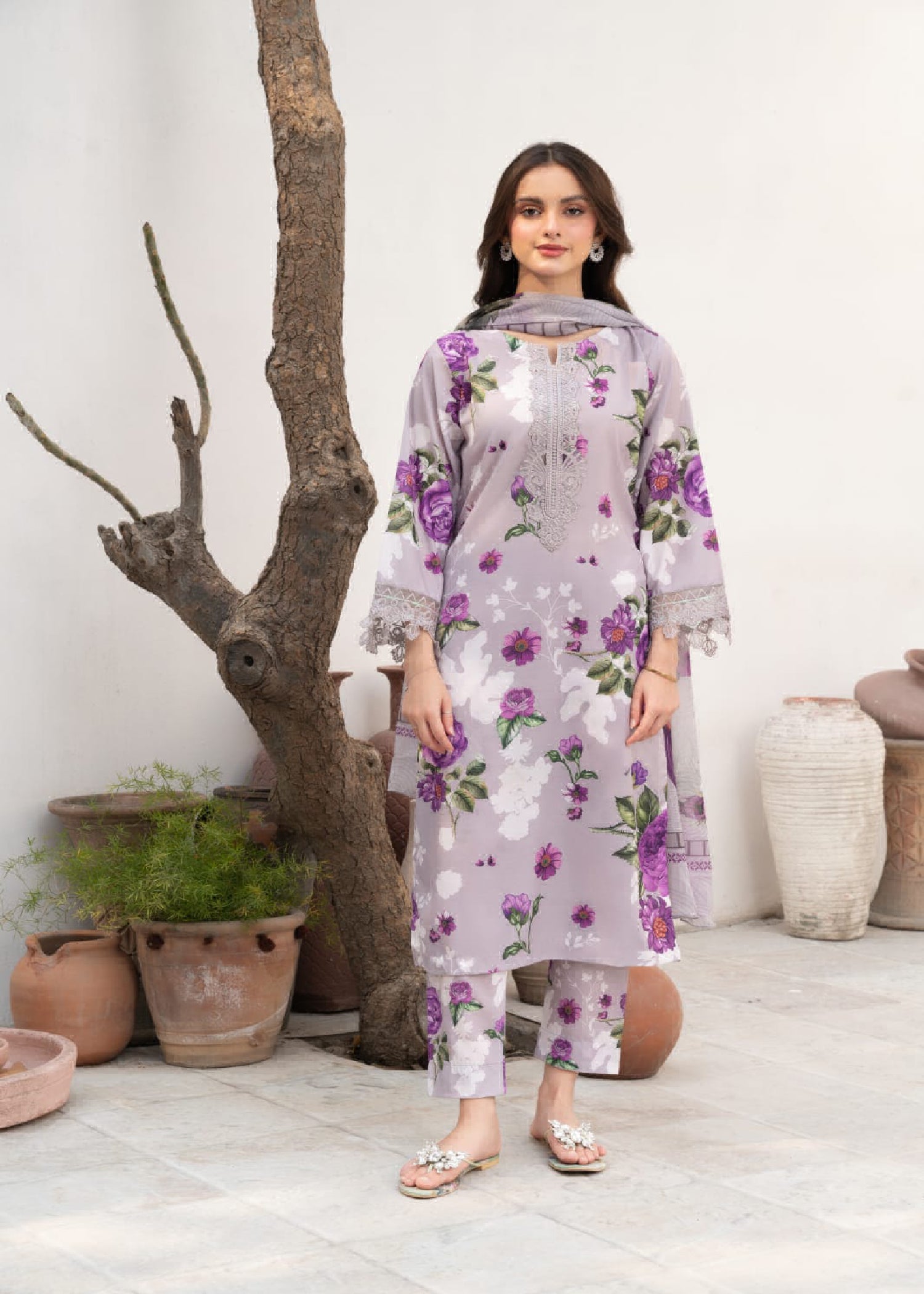 Grey Printed Cotton Kurta Set (3-Piece) - Image 1