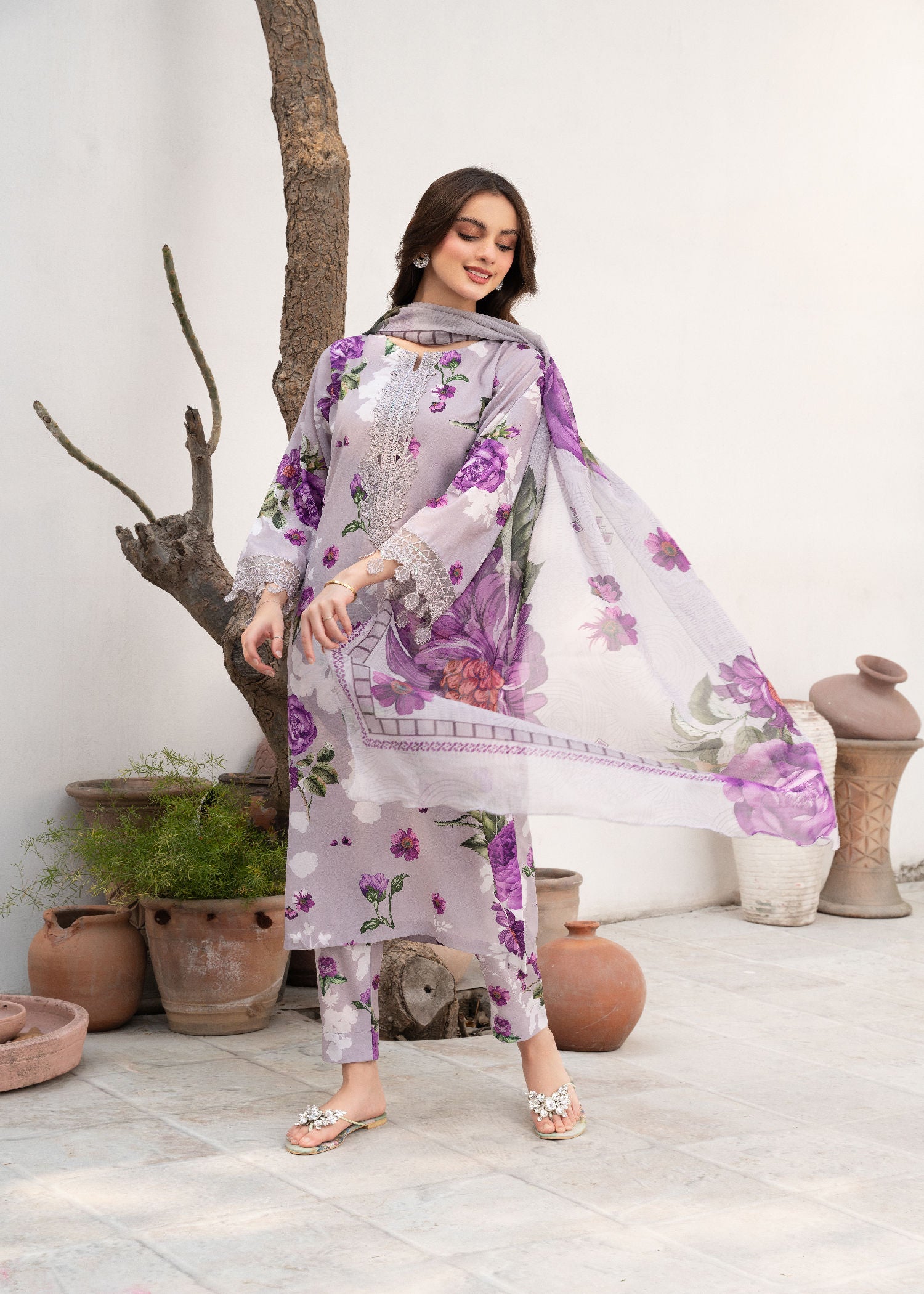 Grey Printed Cotton Kurta Set (3-Piece) - Image 2