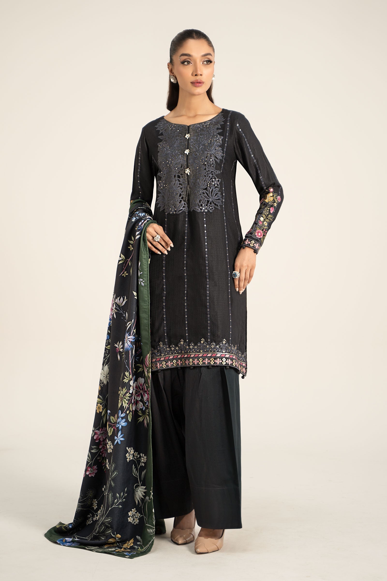 Grey Embroidered Dobby Linen 3-Piece Suit - Image 1
