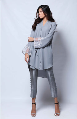 Steel Grey Embroidered Georgette Chiffon Tunic Set (2-Piece) - Image 1