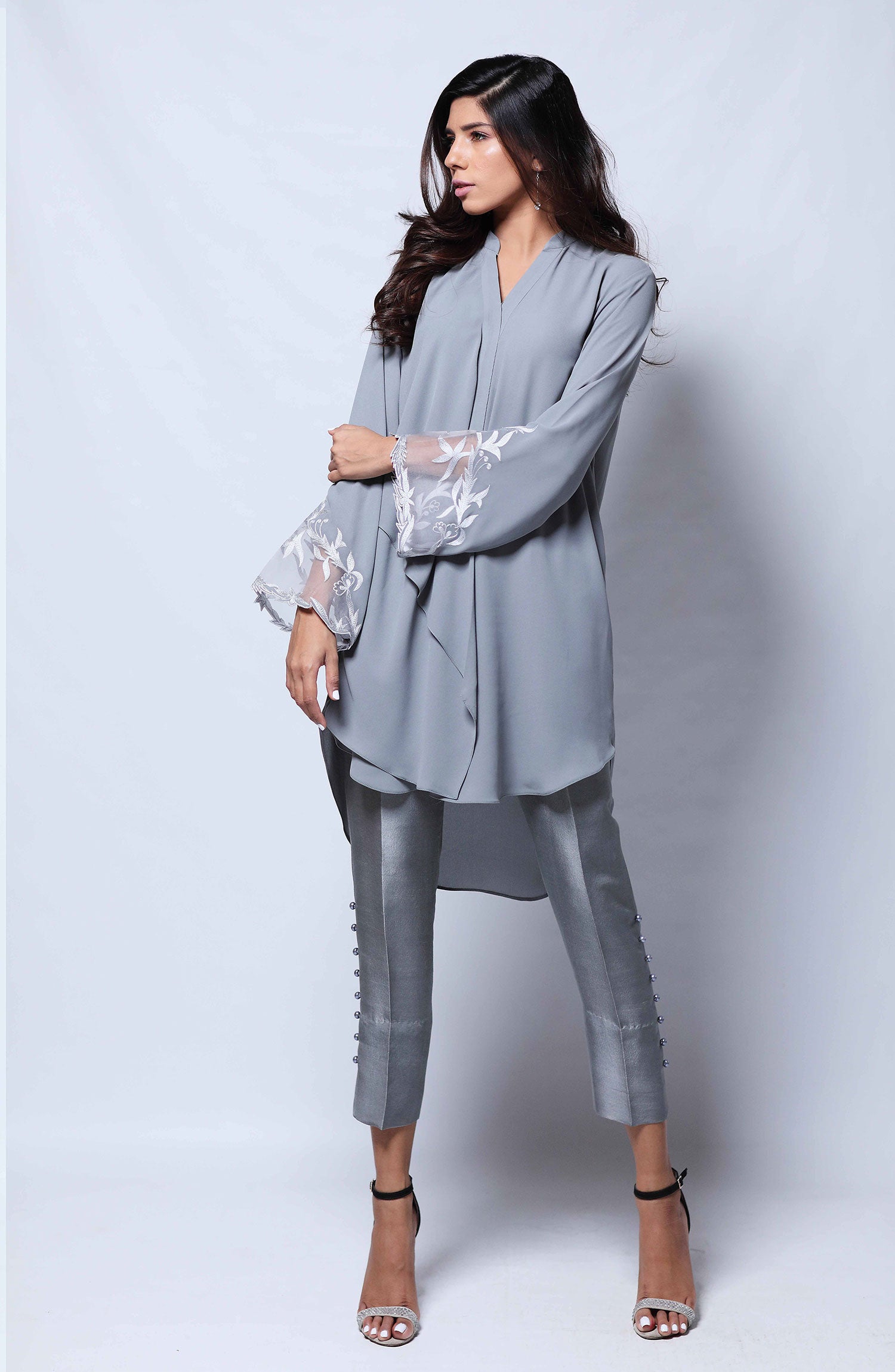 Steel Grey Embroidered Georgette Chiffon Tunic Set (2-Piece) - Image 2