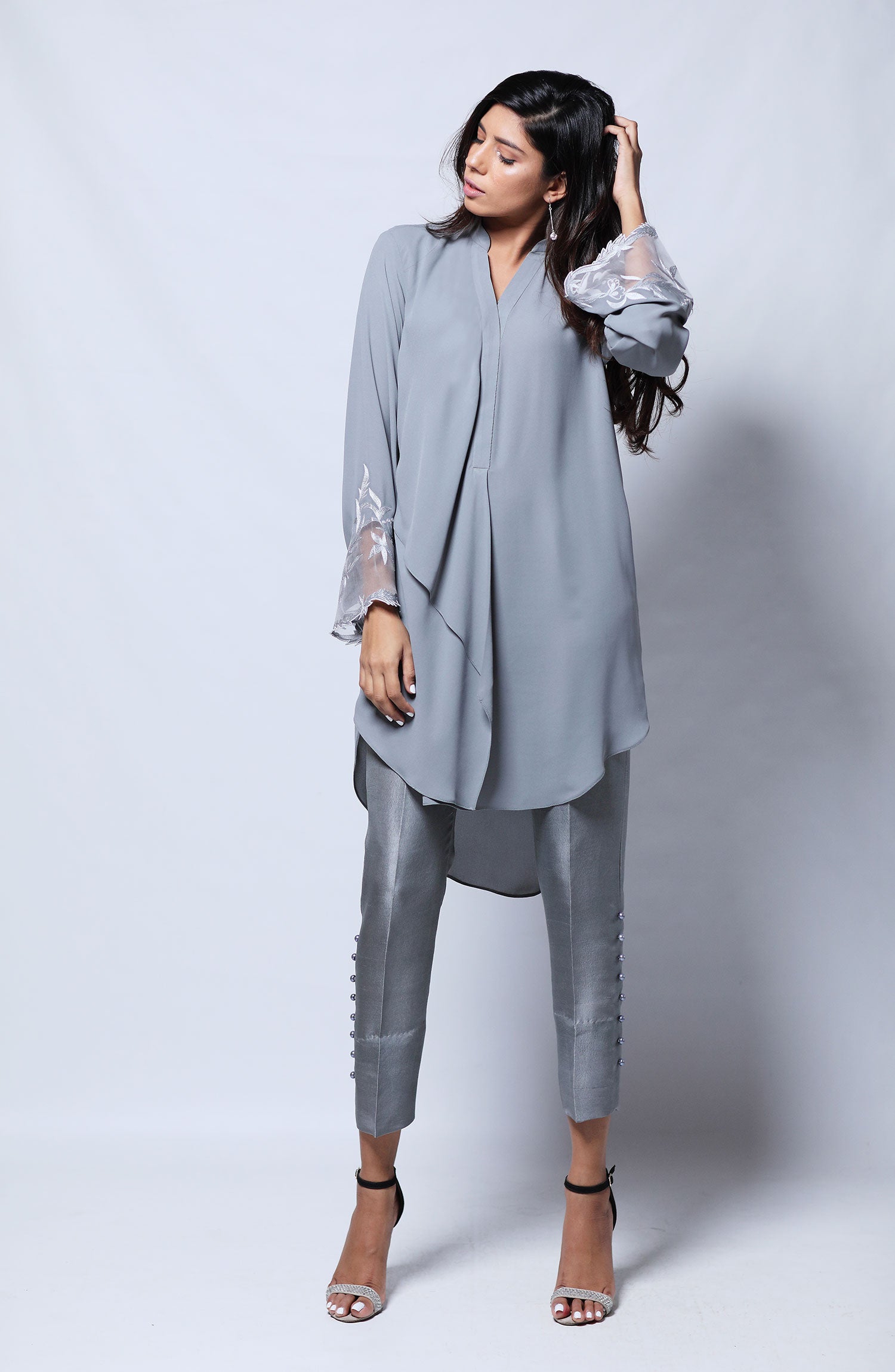 Steel Grey Embroidered Georgette Chiffon Tunic Set (2-Piece) - Image 3