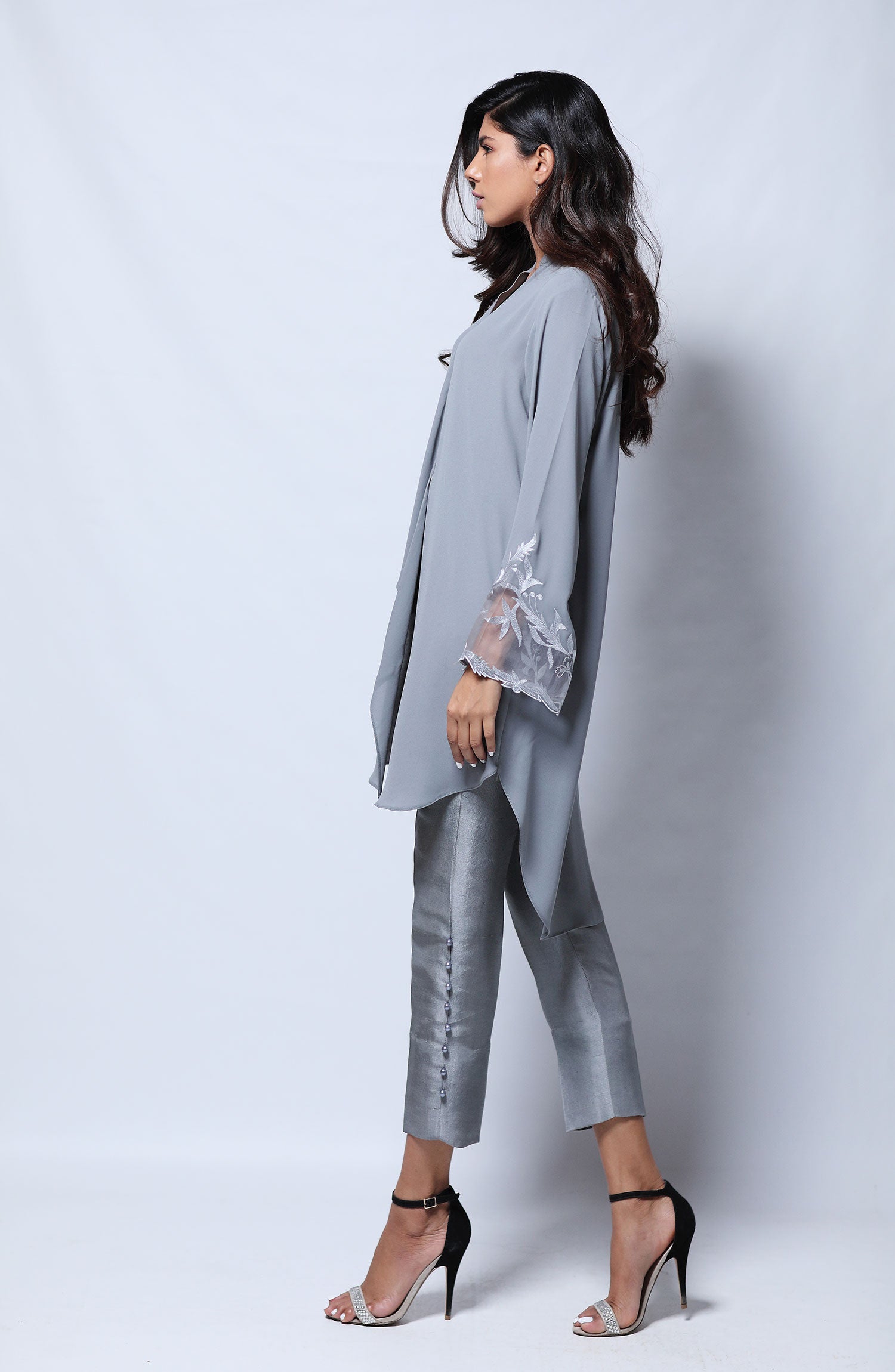 Steel Grey Embroidered Georgette Chiffon Tunic Set (2-Piece) - Image 5