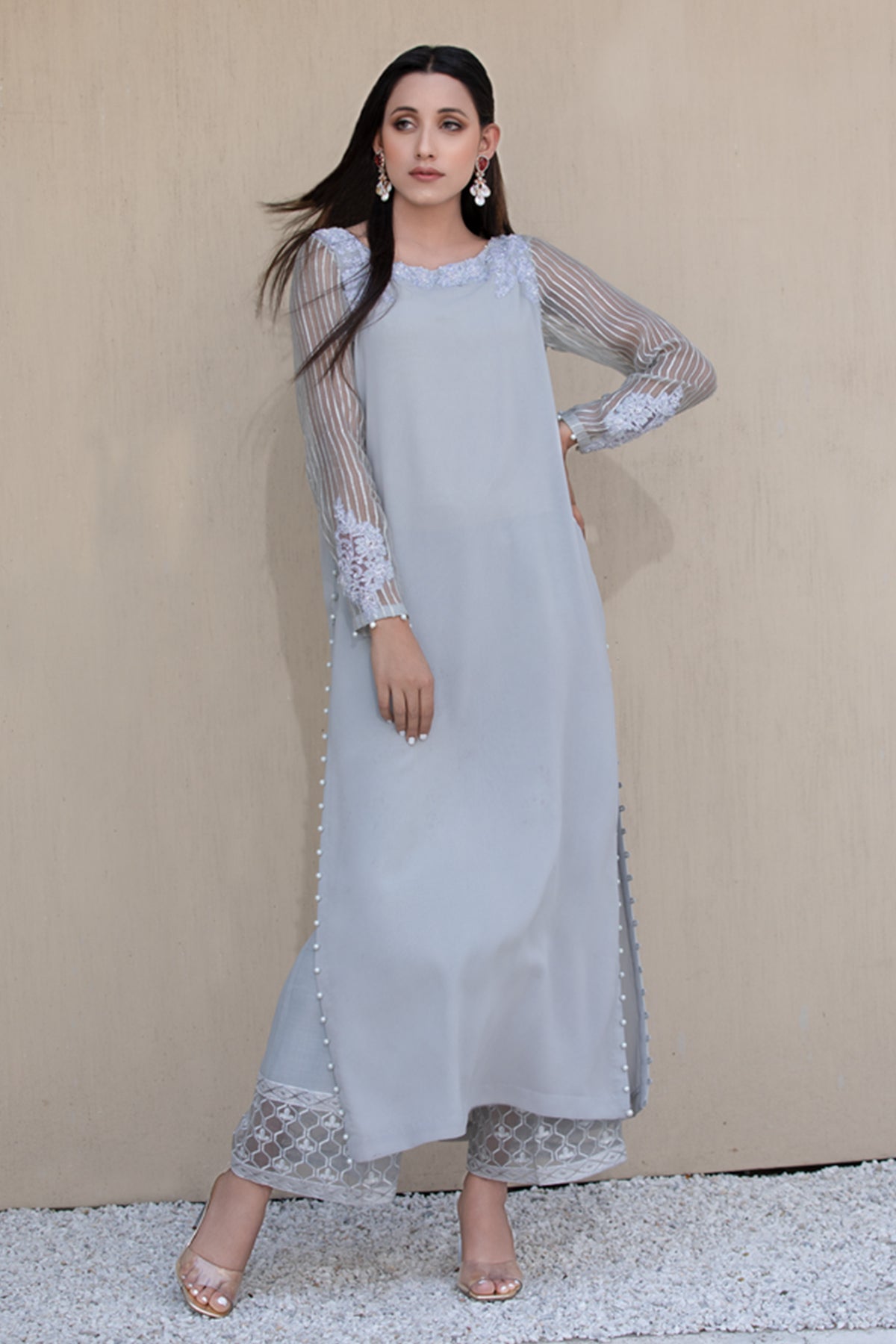Pakistani Grey Embroidered Georgette Long Shirt with Silk Pants (2-Piece) - Image 1