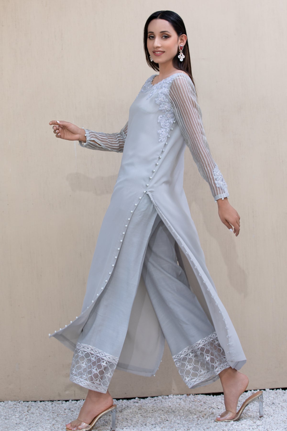 Pakistani Grey Embroidered Georgette Long Shirt with Silk Pants (2-Piece) - Image 2