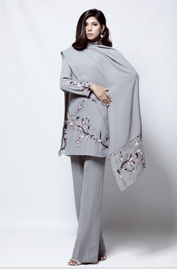 Pakistani Smoky Grey Sequined Georgette Salwar Kameez (3-Piece) - Image 1