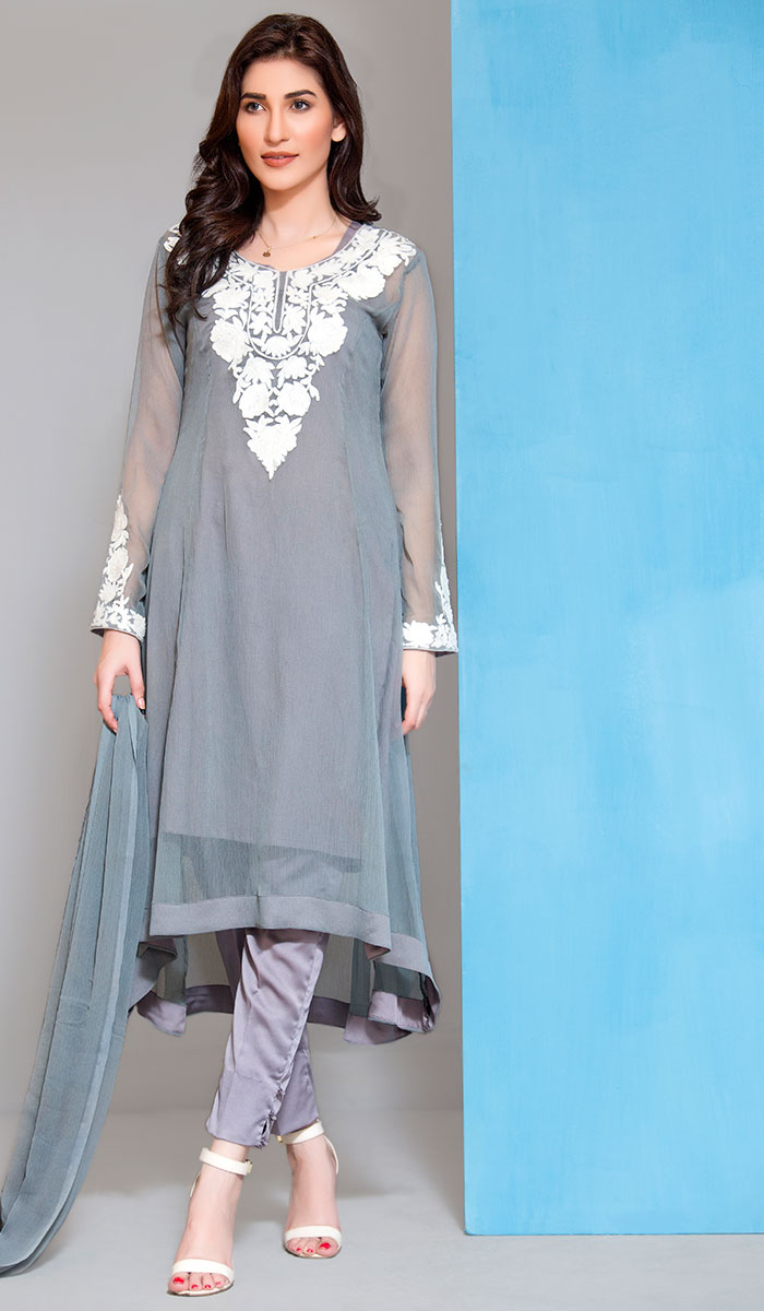 Pakistani Charcoal Grey Embroidered Georgette Salwar Kameez (3-Piece) - Image 1