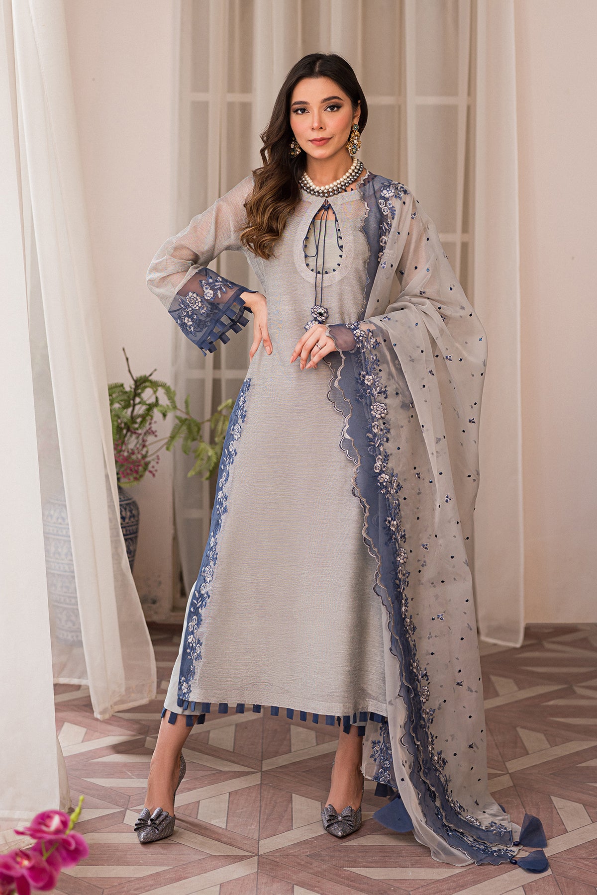 Slate Grey Floral Embroidered Khaadi Net Salwar Kameez (3-Piece) - Image 1