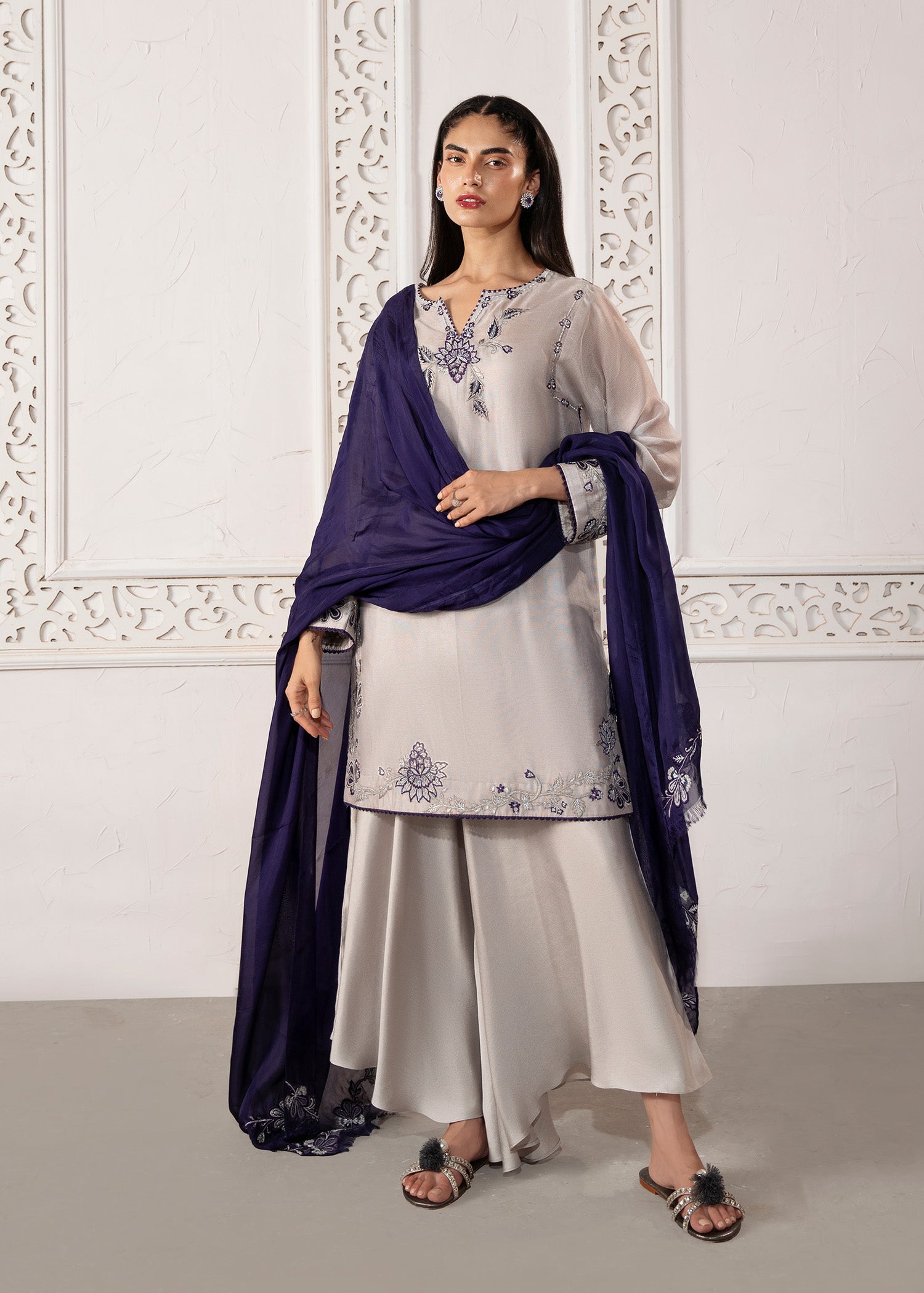 Pakistani Cool Grey Appliqued Embroidered Silk Salwar Kameez (3-Piece) - Image 1