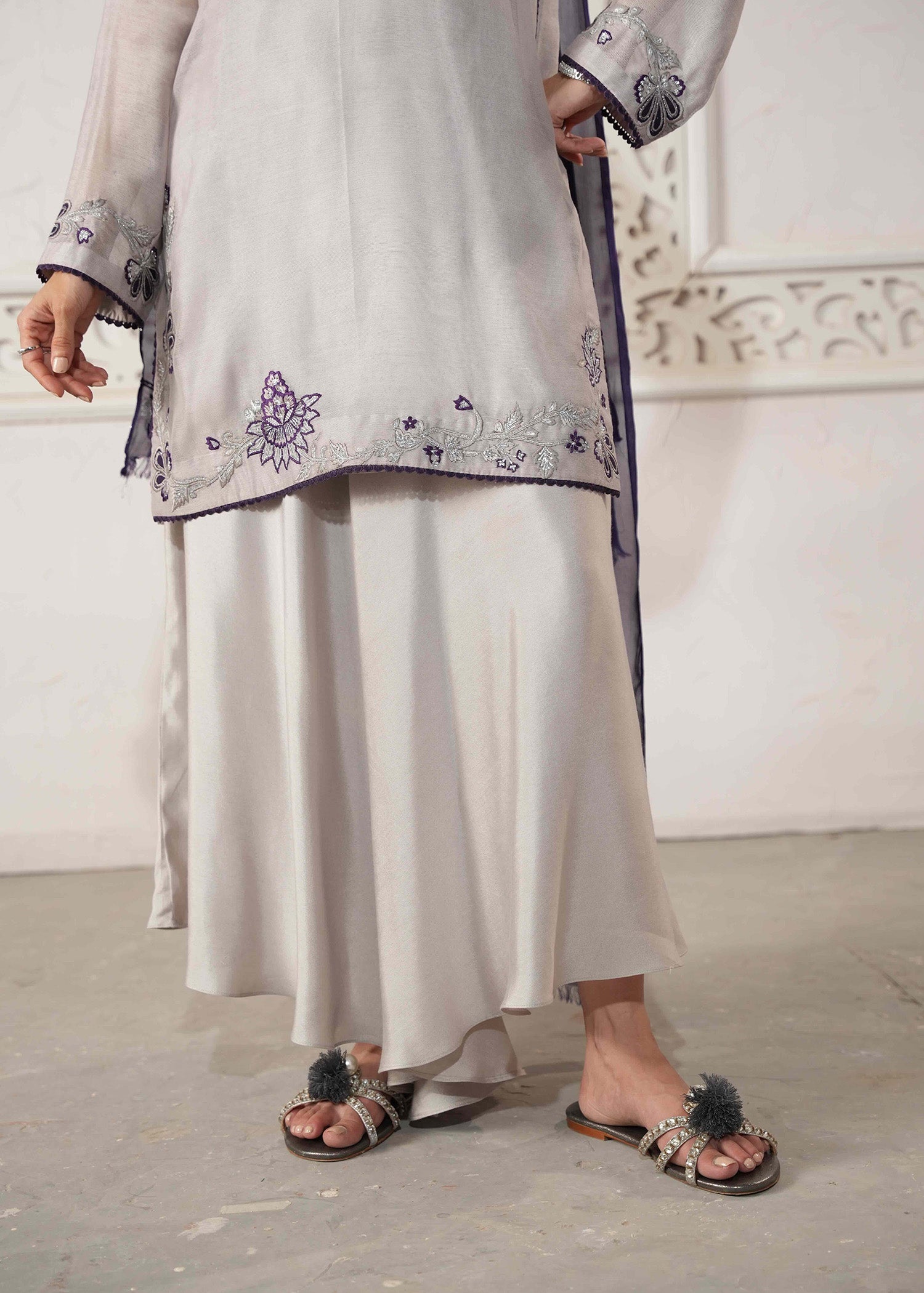 Pakistani Cool Grey Appliqued Embroidered Silk Salwar Kameez (3-Piece) - Image 3