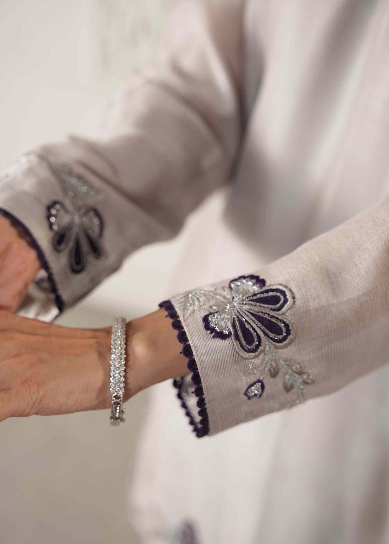 Pakistani Cool Grey Appliqued Embroidered Silk Salwar Kameez (3-Piece) - Image 4